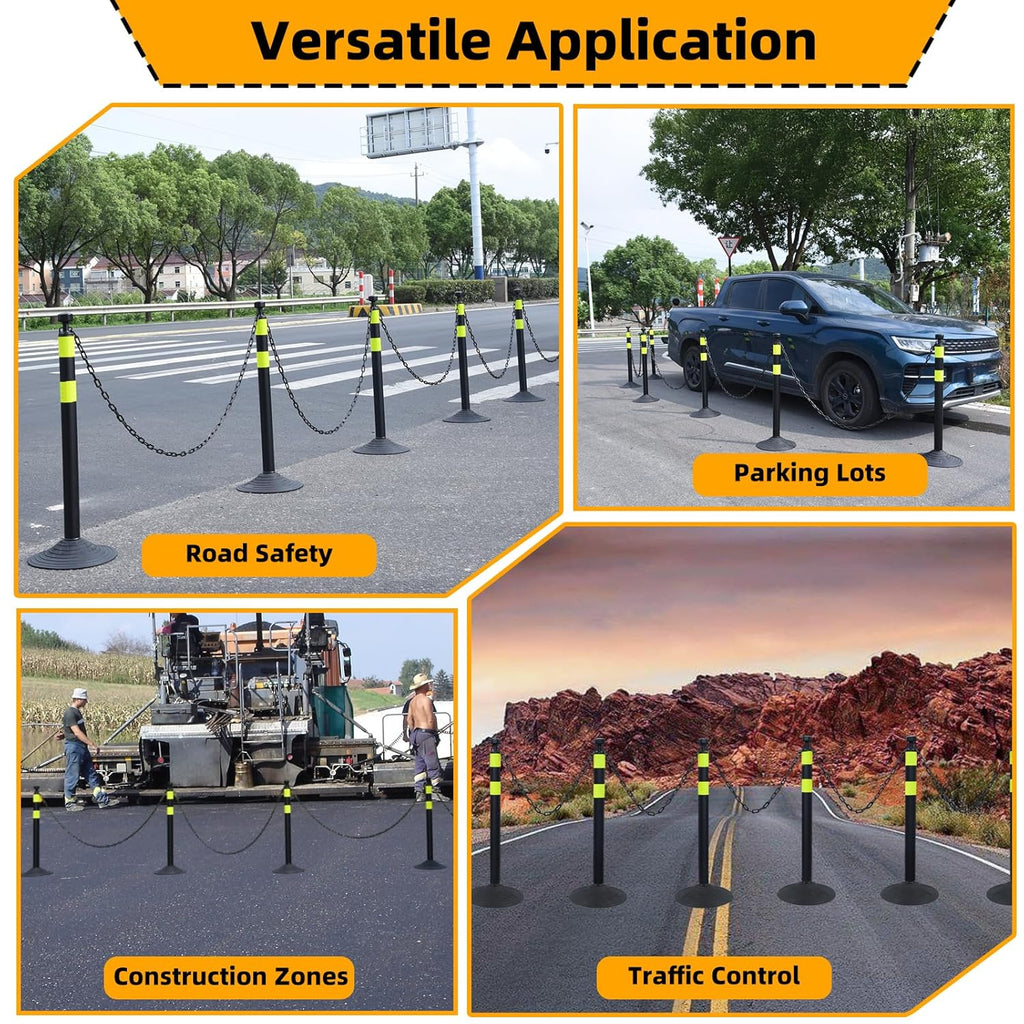 6 Pack 39 Inch Black Traffic Delineator Posts with 2 Green Reflective Stripes, Safety Posts Cones with 6.6 Feet Chains and 14 Inch Rubber Base for Road Safety,Parking Lot (Black)