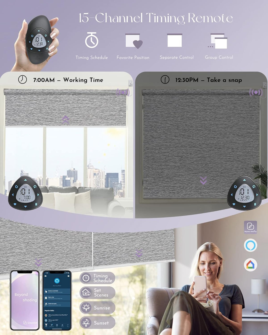 Graywind Smart Blackout Roller Shades Compatible with Alexa Google WiFi Hardwired Textured Gleaming Fabric Motorized Blinds Remote Window Shades, Custom Size (Striped Grey)