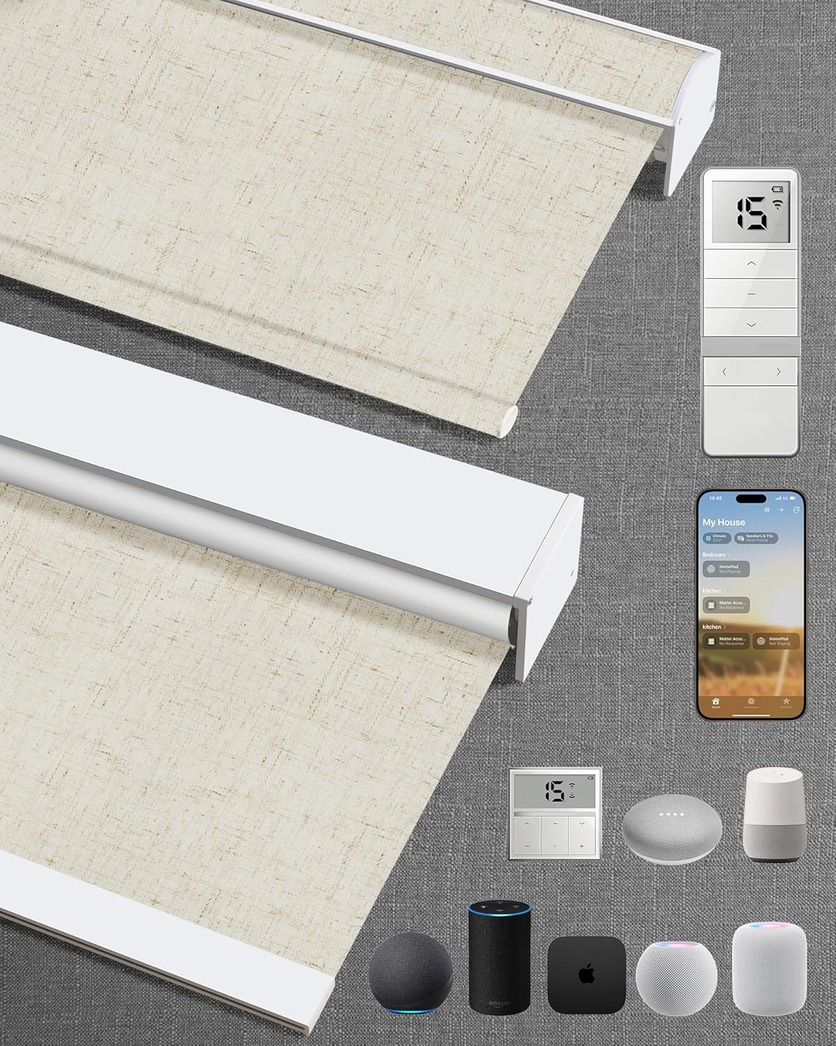Kincmo Motorized Blinds with Remote,100% Blackout Motorized Roller Shades Work with Apple Homekit,Alexa,Google, Custom Electric Blinds with App,Voice Control (Linen Stone)