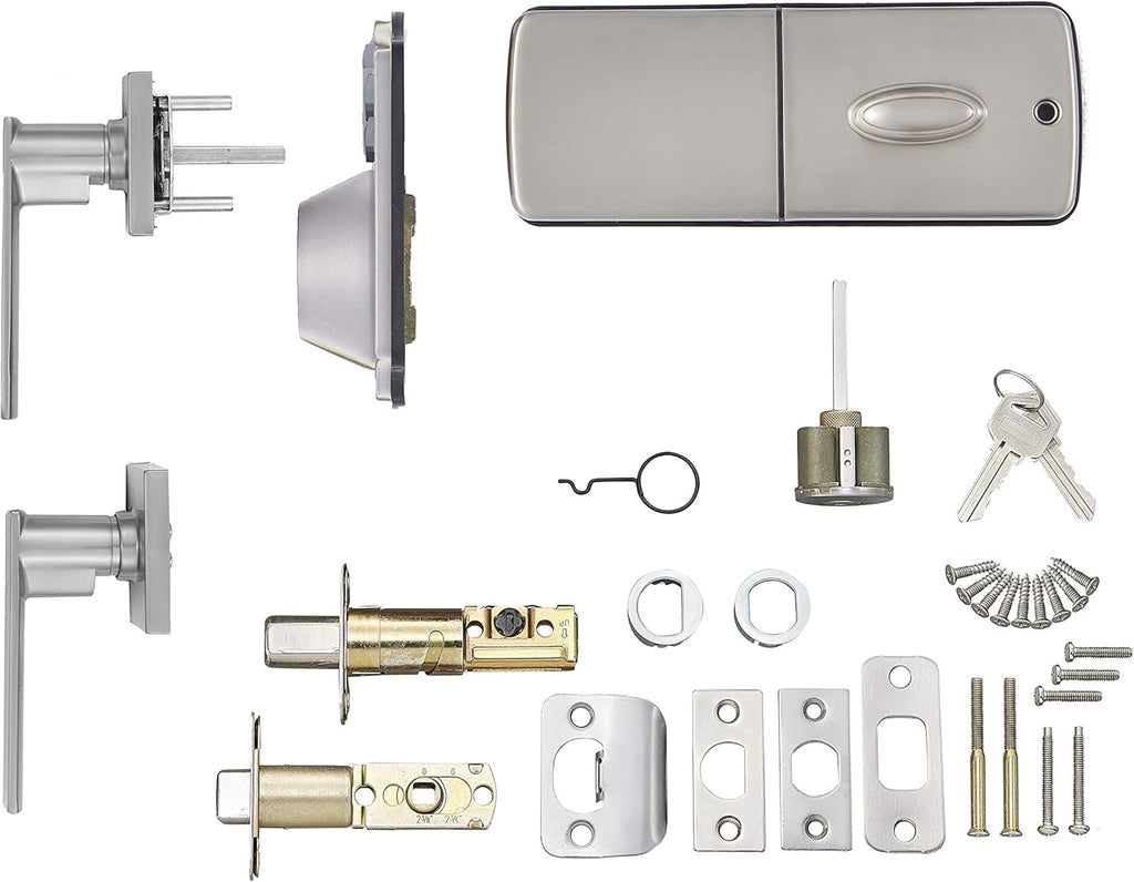 Amazon Basics Traditional Electronic Keypad, Keyless Entry Door Lock Deadbolt with Handle Set, Key Pad Front Door with Knob, Traditional Door Locks for Front Door, Door Handle, Satin Nickel, 1-Pack