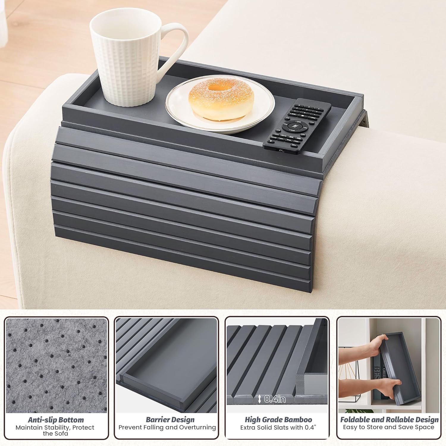 GEHE Bamboo Sofa Arm Tray, Foldable Couch Arm Tray Side Table, Anti-Falling Armrest Tables Cup Holder for Snacks, Drinks, Beers, Phone, Control, Flexible and Portable, Anti-Slip