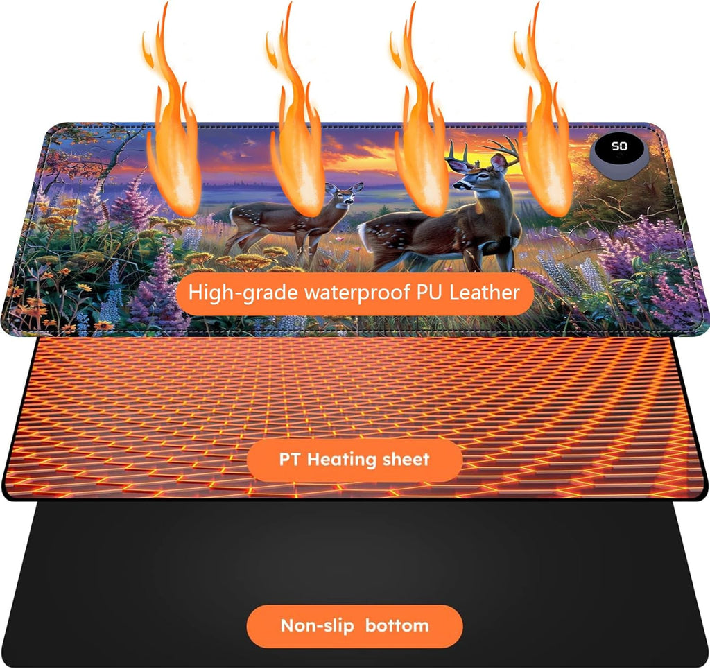 Heated Mouse Pad with 3 Levels Heated & 3 Hours Auto Shut-Off Mouse Pad for Warming Hands in Office Home, 23.6" x 14.2"Large Safe Desk Mat Hand Warmer，Elk Lavender