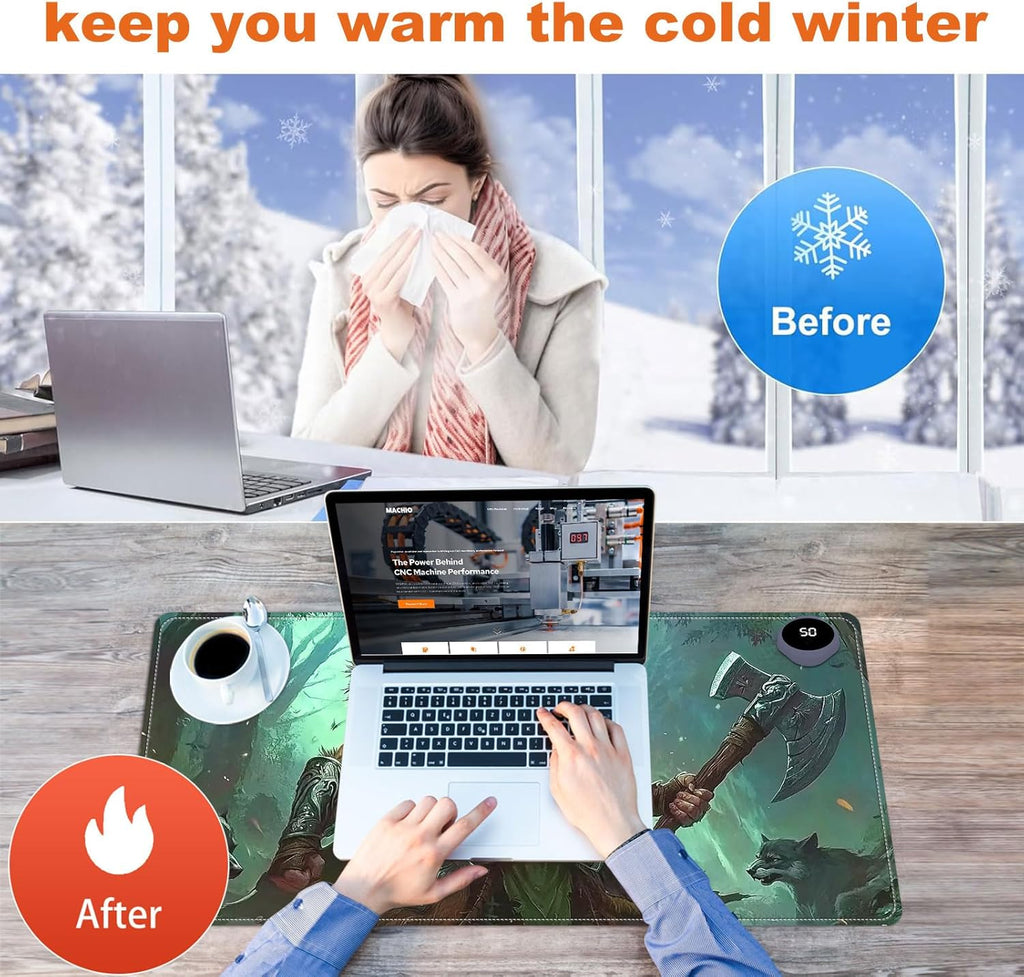 Small Heated Desk Pad 23.6" x 14.2" – Compact Electric Mouse Pad with 3 Heating Levels, Auto Shut-Off, Waterproof PU Surface, Plug-in Warmer for Office or Home Use, Wild Hunter