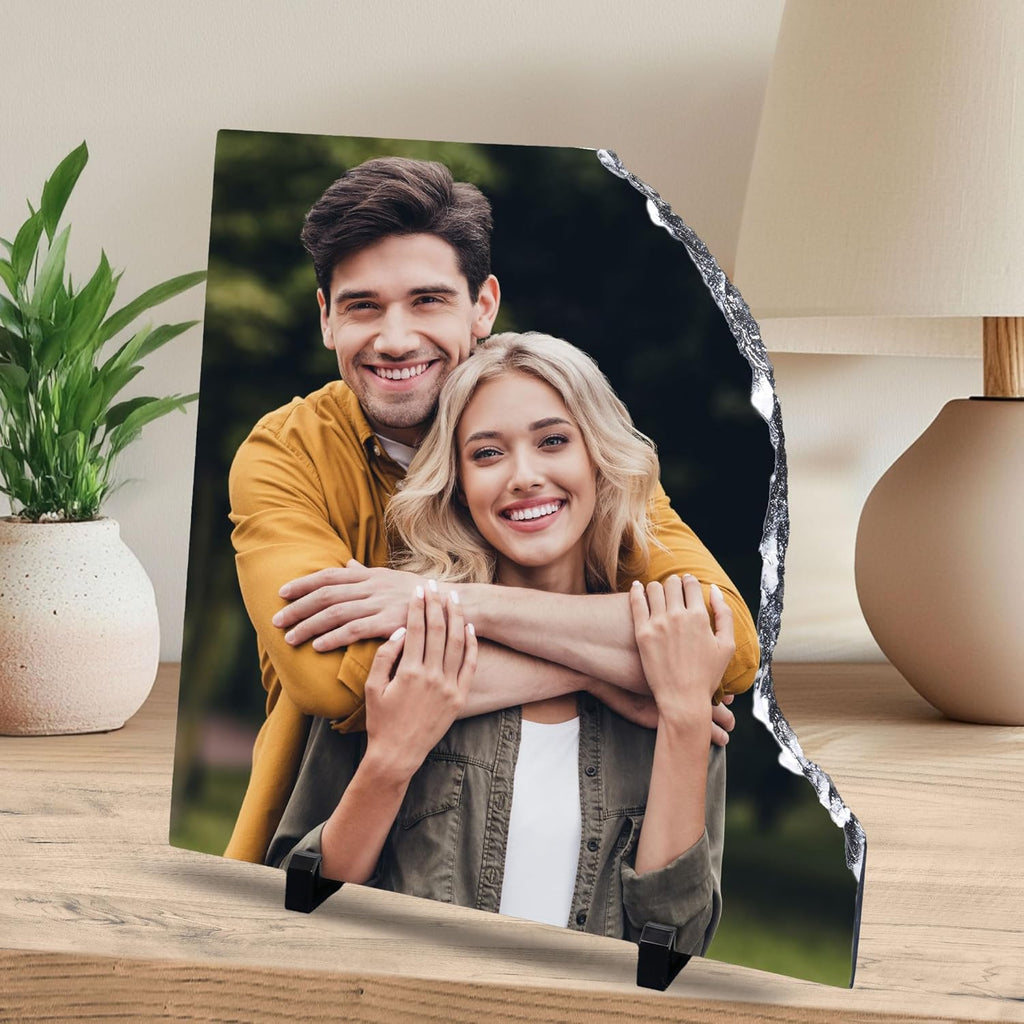 ArtPix 3D Christmas Personalized Slate Plate, Customized Xmas Photo Print Stone, Custom Picture Gift for Wife, Women, Family, Her, Him, Rock Slate Plaque Frame (Small - Right Contour Shape)