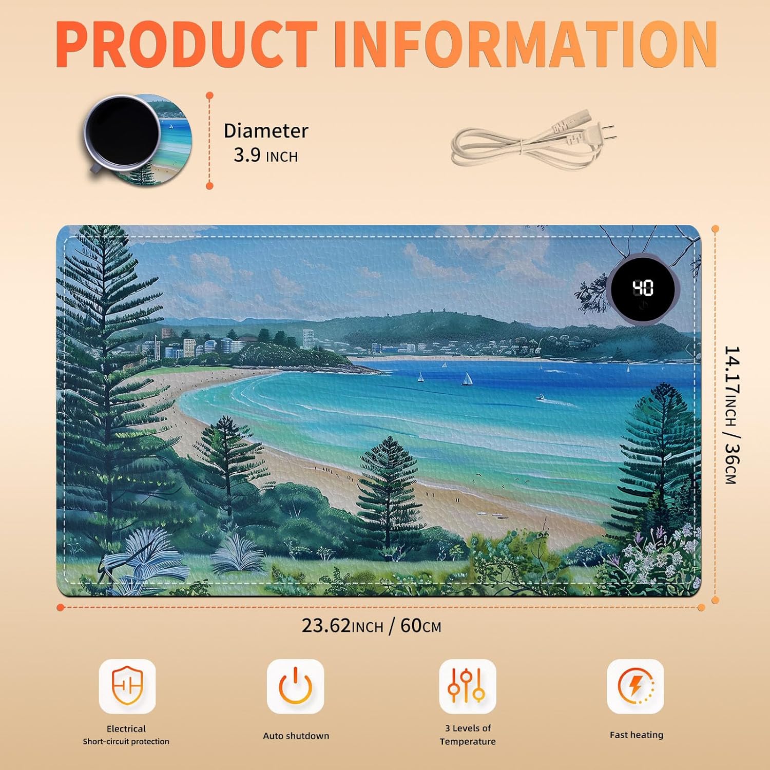 Heated Mouse Pad, Warm Desk Pad, Keyboard Mat 23.6 x 14 Inch Large Size Intelligent Fast Heating, 3 Speed Adjustable, Timed Auto Power Off for Game Office Home, Blue Sea Level Beach Woods