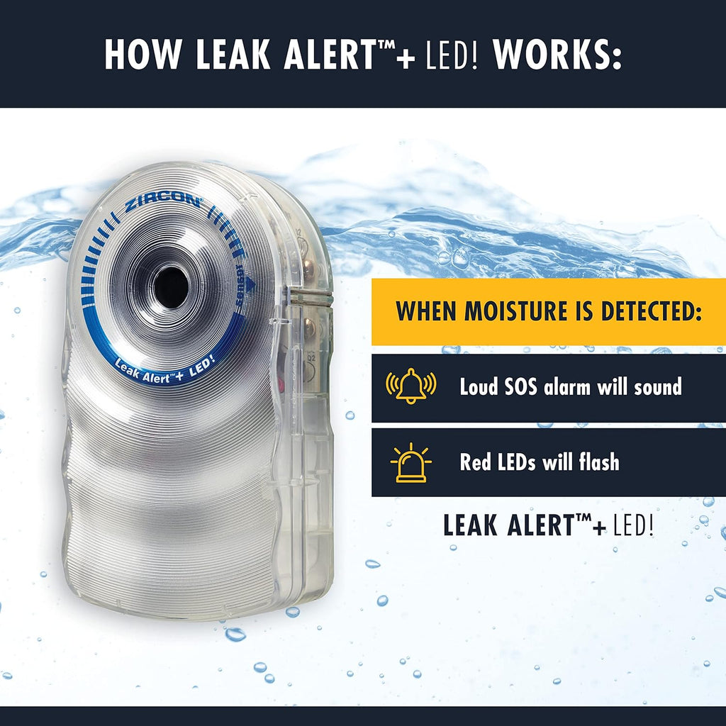 Zircon Leak Alert + LED! Water Leak Detector & Flood Sensor Alarm/Water Leak Sensor with Dual Leak Alarms 90Db Audio + Flashing LED Lights/Battery Powered (2 Pack) Batteries Not Included, (72314)