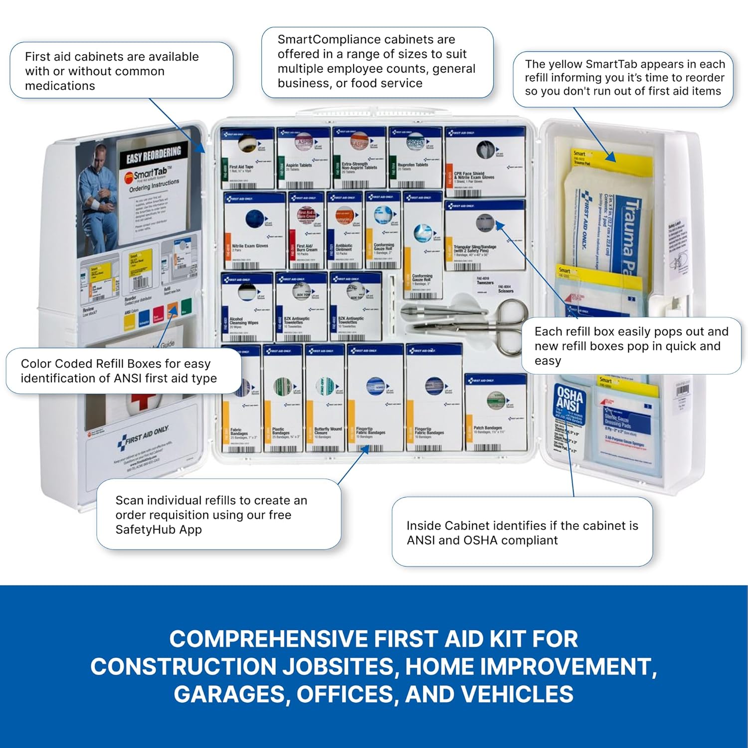 First Aid Only 1000-FAE-0103 SmartCompliance 50-Person OSHA Compliant First Aid Kit for Business, Large Plastic First Aid Cabinet with Medications, 245 Pieces
