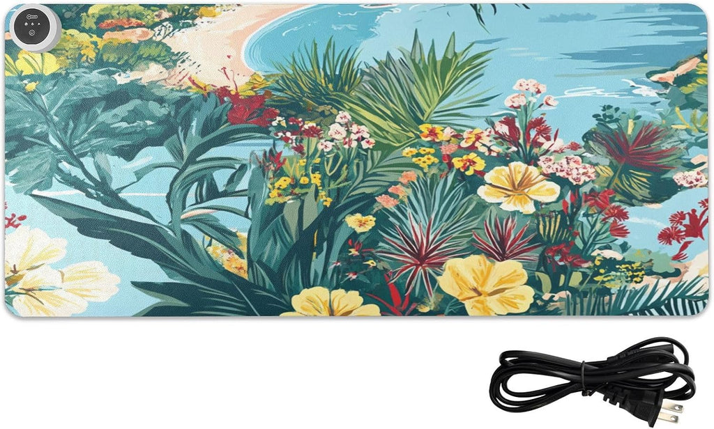 Heated Desk Pad Mouse Pad 31.5x13 Inch PU Leather Desk Mat with 3 Heat Levels Large Mouse Gaming Computer Laptop Mat Coastline Hibiscus