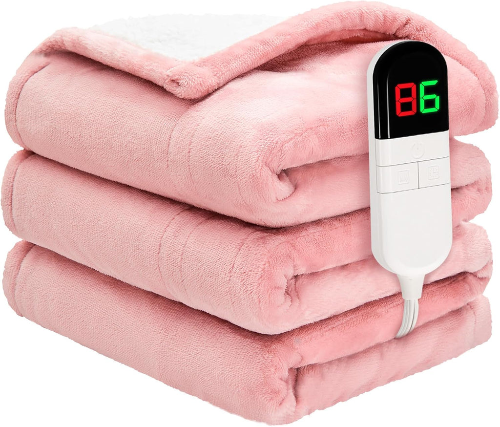 Electric Blanket Twin 62"84" - Premium Cosy Soft Electric Blanket with 6 Heating Levels, Fast Heating Flannel Sherpa Blanket for Bed & Couch - Auto Shut Off/Machine Washable Blanket (Pink)