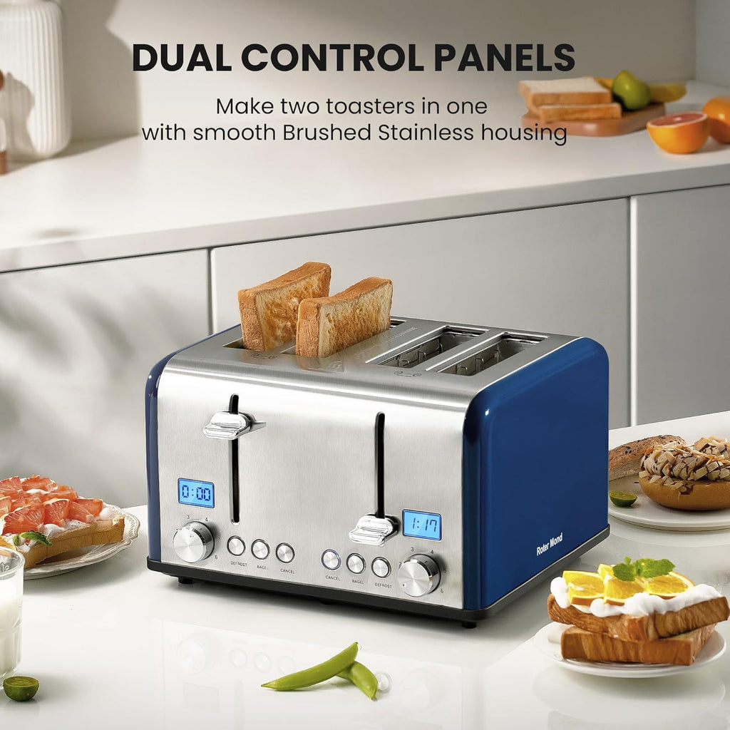 Roter Mond Countdown Stainless Steel 4 Slice Toaster with Bagel, Defrost, Cancel Function, Dual Toaster, Extra Wide Slots, 6 Shade Settings, Removable Crumb Trays, 1650W, Blue