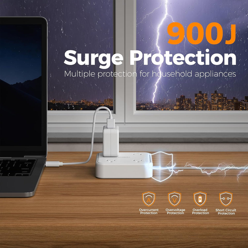 Surge Protector Flat Extension Cord 15Ft, TESSAN Flat Plug Power Strip with 4 Outlets 3 USB Ports (1 USB C), 900 Joules Protection, Multiple Wall Outlet Extender Suitable for Home Office Dorm, White