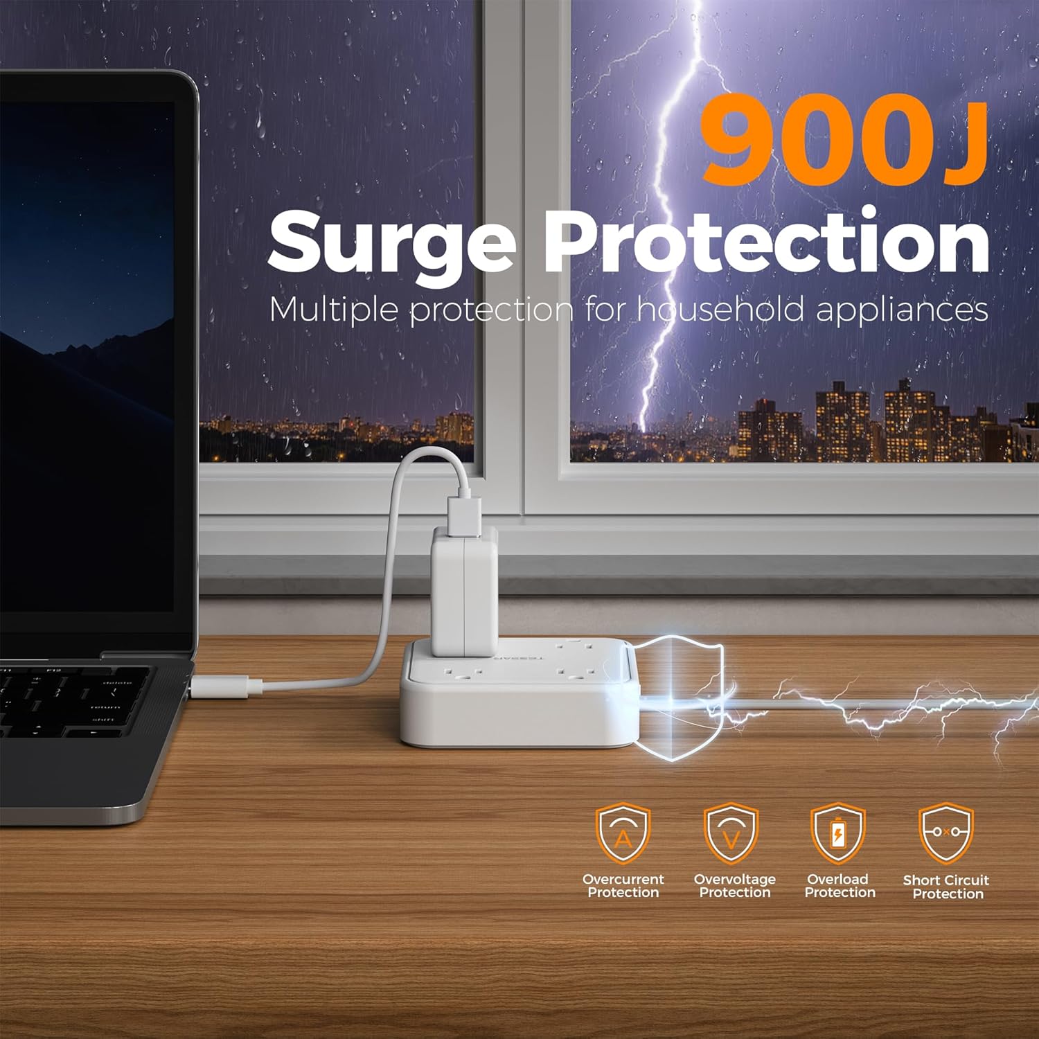 Surge Protector Flat Extension Cord 15Ft, TESSAN Flat Plug Power Strip with 4 Outlets 3 USB Ports (1 USB C), 900 Joules Protection, Multiple Wall Outlet Extender Suitable for Home Office Dorm, White