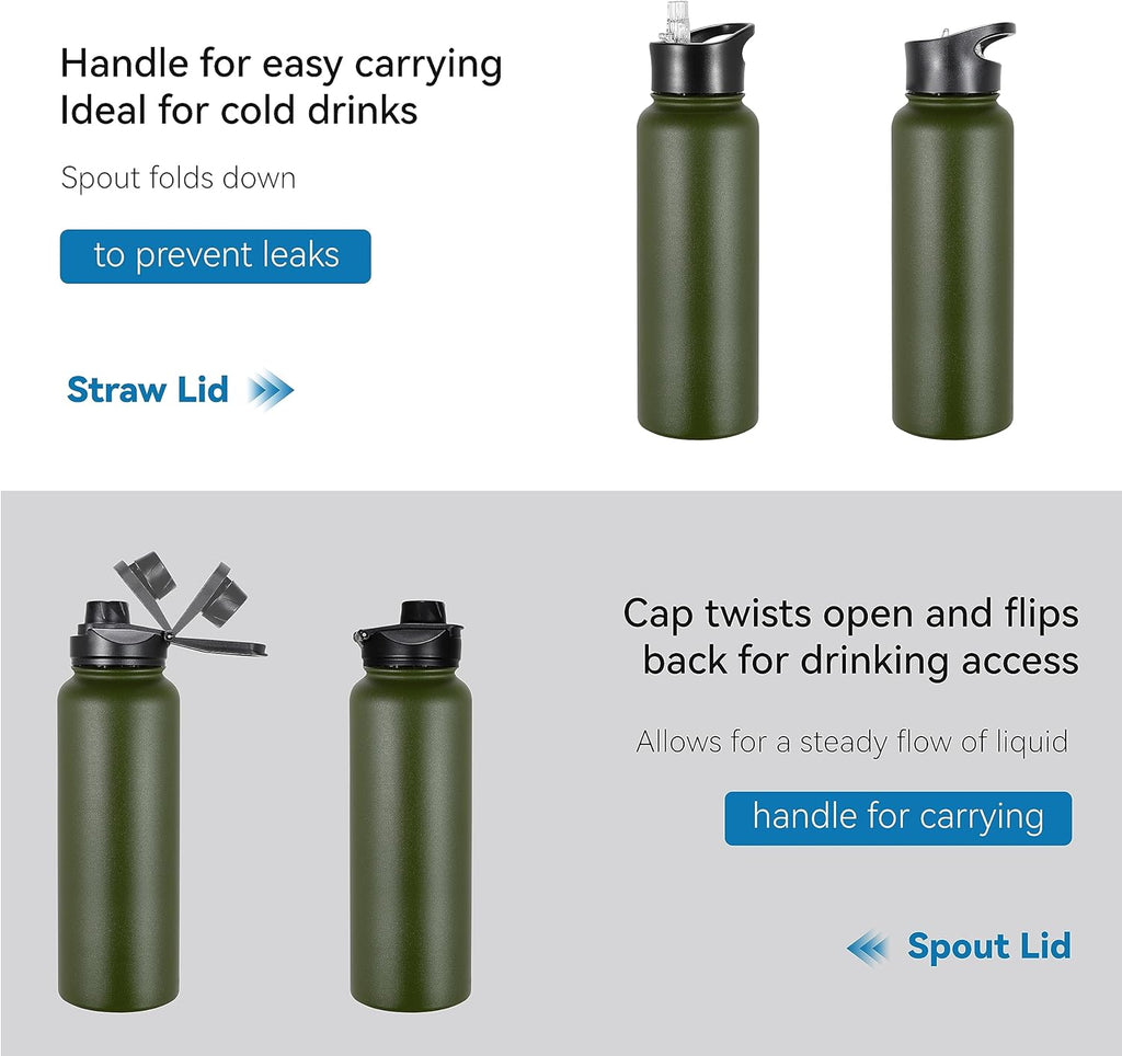 VEGOND 40 oz Insulated Water Bottle Bulk Stainless Steel Metal Water Bottles with Leak Proof Straw Lid & Spout Lid, Wide Mouth Double Walled Vacuum Travel Sports Bottle, 4 Pack