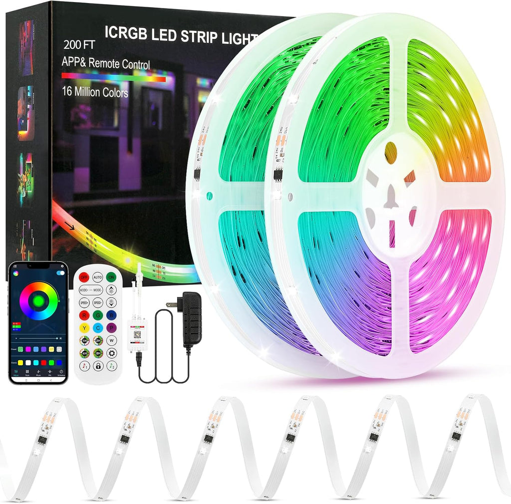 Led Lights for Bedroom, IC+RGB 200FT (2 Rolls of 100ft) Strip Lights, 24Key Remote with App Control, Music Sync Color Changing for Room Decor Party