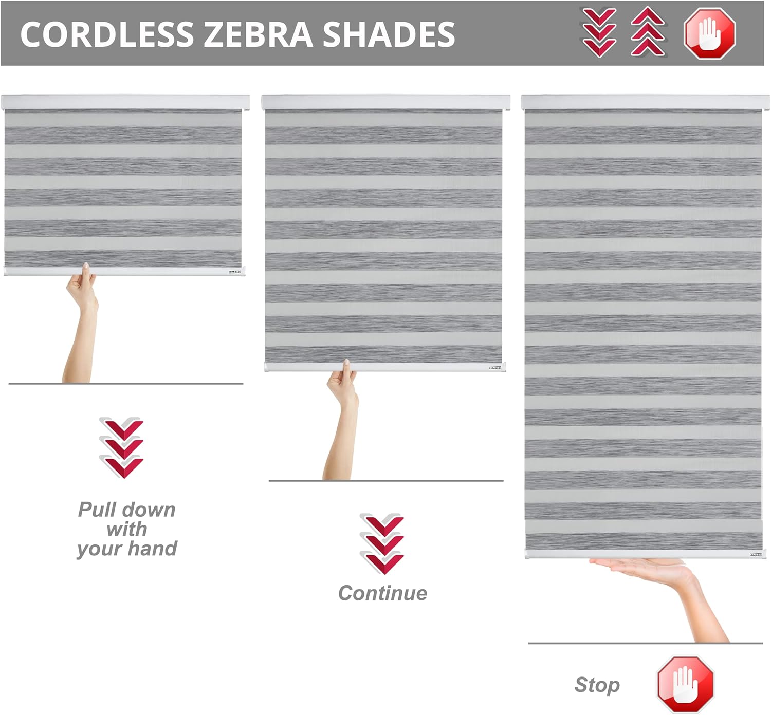 Shadesu Cordless Zebra Blinds for Windows, 33" W x 72" H, Grey, Dual Layer Free-Stop Zebra Shades, Light Control for Day and Night, Sheer Blinds for Indoor Windows, Bedroom, Kitchen