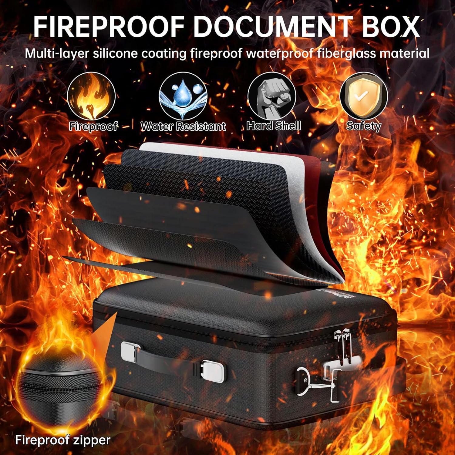 Tamfile Fireproof Document Box, Hard-Shell Case 5200°F Fireproof Water Safe File Box with Lock, 8-Layer Fireproof Safe File Organizer for Important Documents, Valuables, Laptop, Passports (Black)
