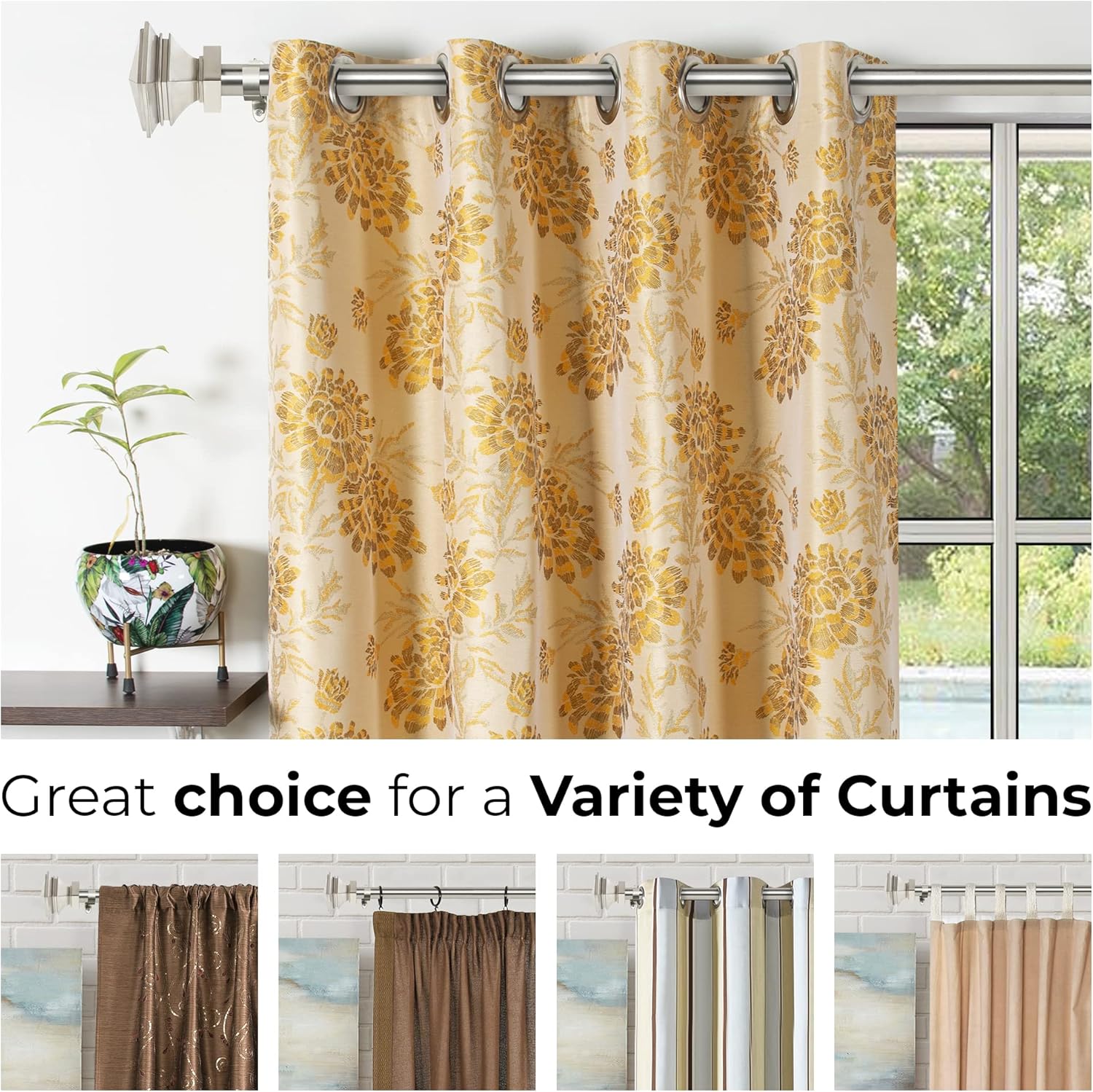 Deco Window 1 Inch Adjustable Satin Silver Curtain Rod for Windows & Doors Curtains with Square Finials & Brackets Set - 36" to 66"