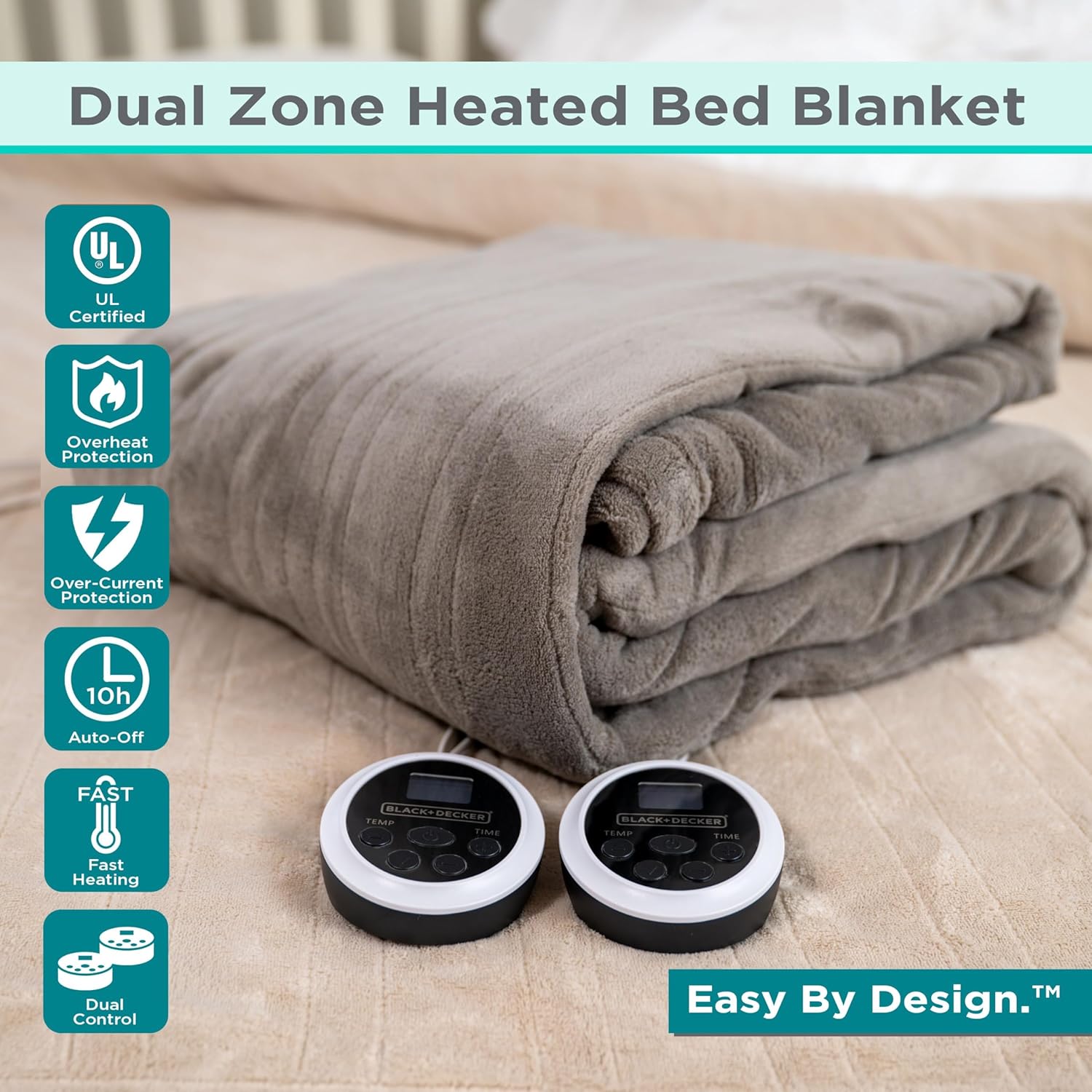 BLACK+DECKER Heated Blanket Electric King, Micro Plush Electric Blanket, Heating Blanket with 10 Heating Levels, 10H Timer, Auto Shutoff, Dual Zone Heating, Fast Heating (90x100 inches, Cream)