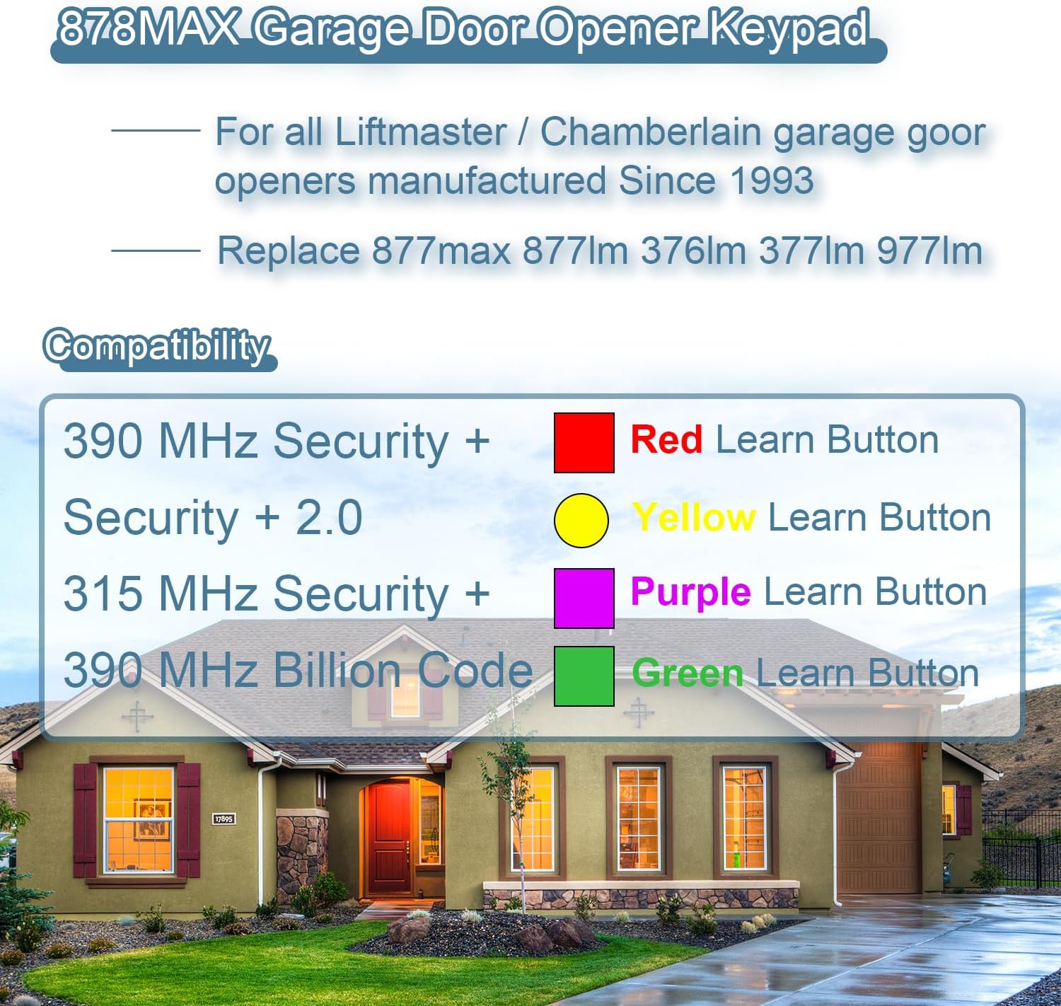 Garage Door Opener Wireless Keyless Keypad, Compatible with 877MAX, G940EV-P2, 878MAX, 377LM, 977LM, 877LM, 66LM,Replacement for LiftMaster, Chamberlain, Craftsman