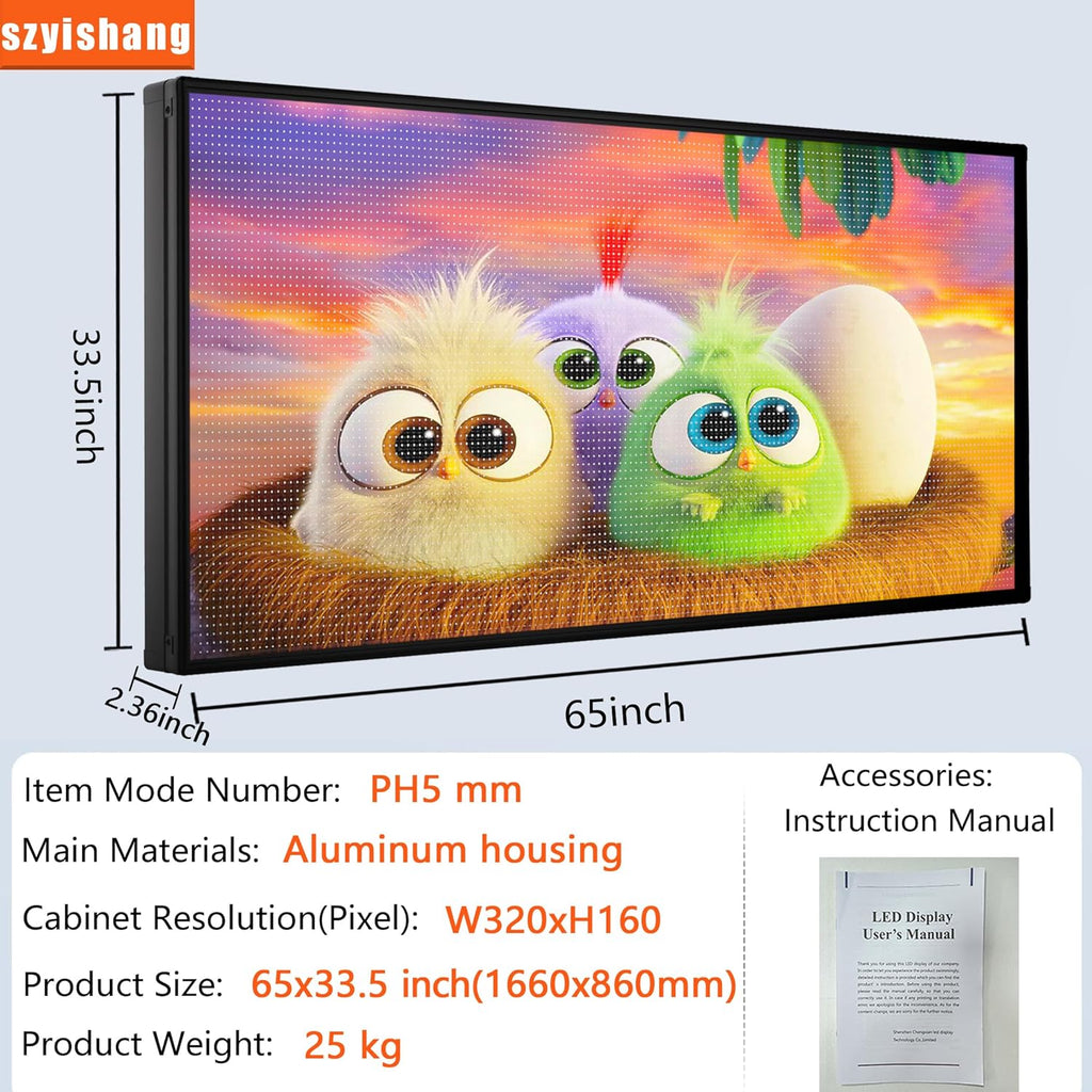 P5 Outdoor Waterproof 65"x34" Programmable LED Sign Board - Full Color Scrolling Display with High-Resolution Text/Image/Video for Business Advertising