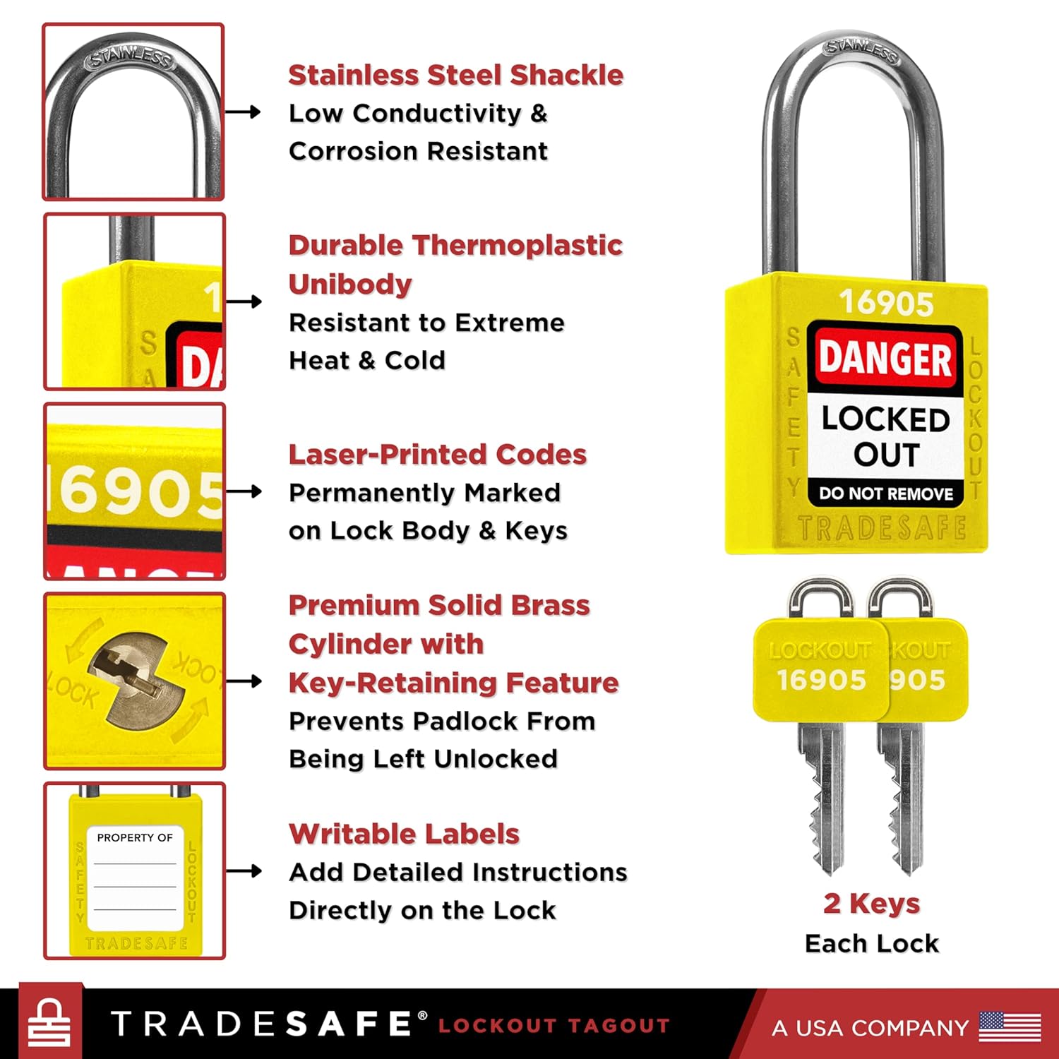 TRADESAFE Lockout Tagout Locks Set - 10 Yellow Loto Locks, Lockout Locks Keyed Different, 2 Keys Per Lock, OSHA Compliant Lock Out Tag Out Padlocks, Safety Padlocks for Electrical Lockout Tag Out Kits