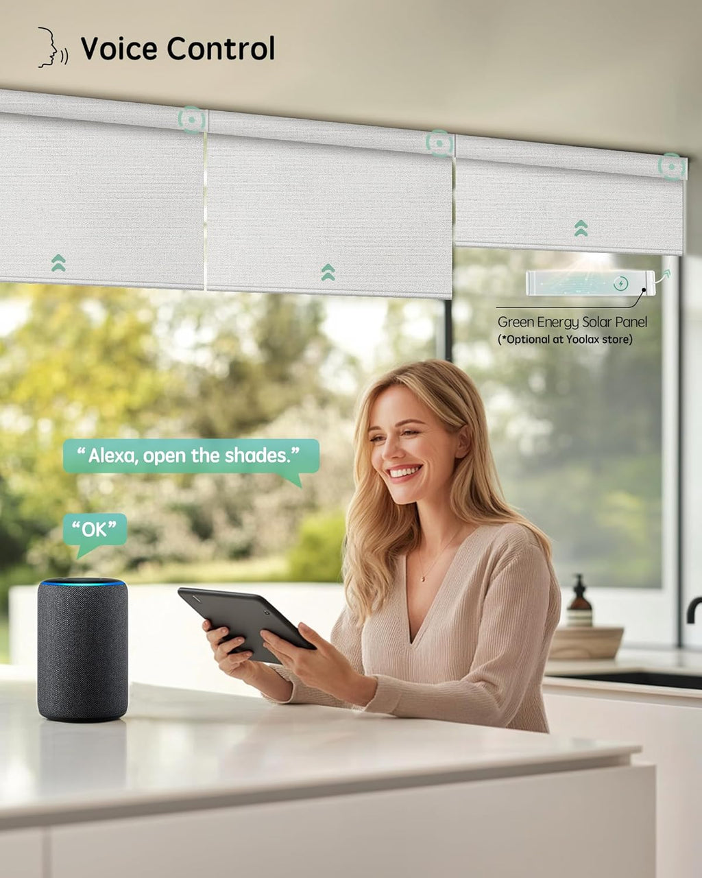 Yoolax Motorized Blinds with Remote, Smart Blinds for Windows Blackout Automatic Shades Work with Alexa Remote Control Roller Window Shades with Valance, Custom Size (Fabric-Greyish White)