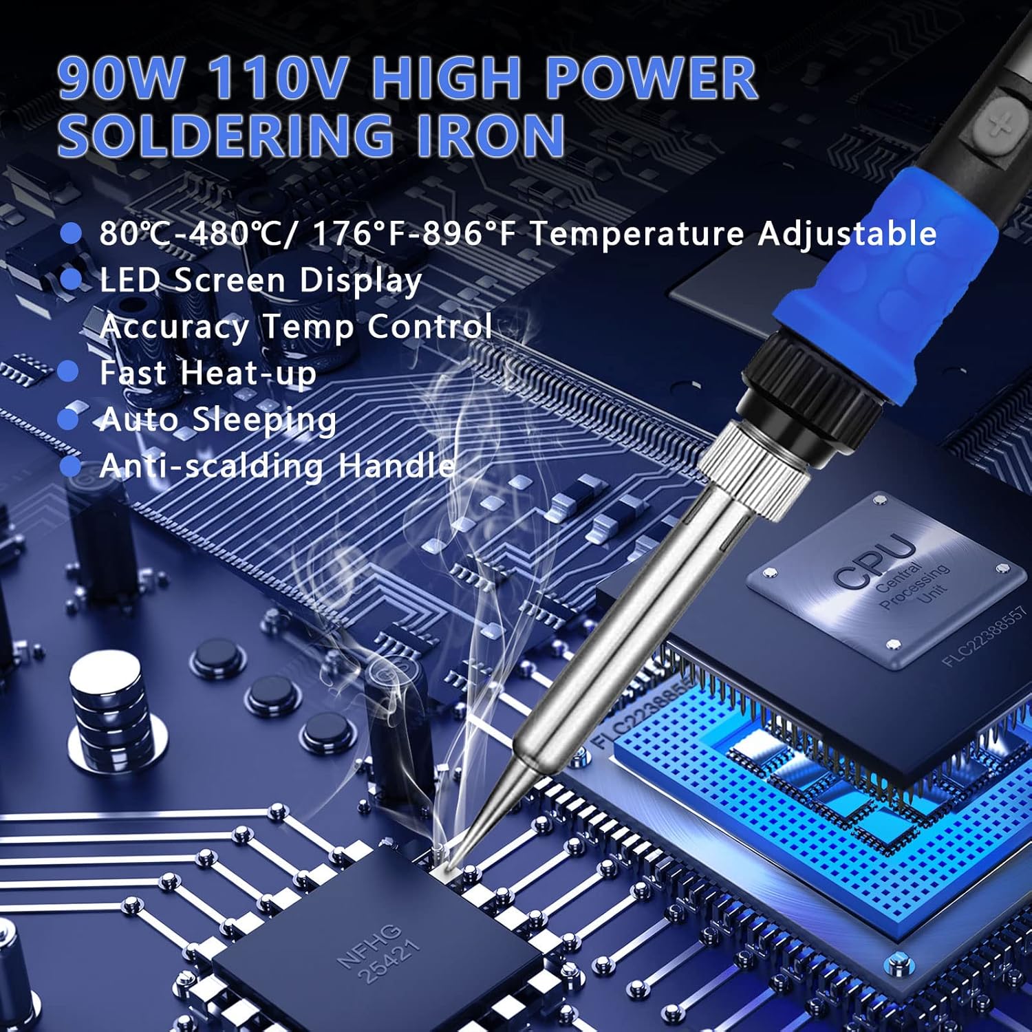 Soldering Iron Kit, 90W LED Digital Solder Iron Kit with Ceramic Heater, 110V Welding Tools with Smart Temperature Control, Auto Sleep, Temp Calibration, C/F, Accurate 176℉-896℉