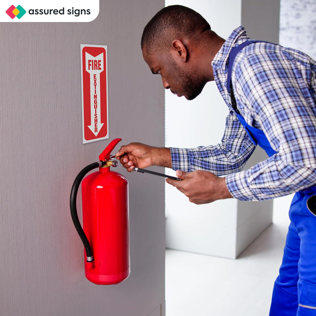 Fire Extinguisher Sign Sticker - 12 Pack - 4" X 12" - 5 Mil Vinyl - Bright Red White Colors - Durable Self Adhesive, Weatherproof, Photoluminescent and UV Protected - Ideal for Inside Office or Boat