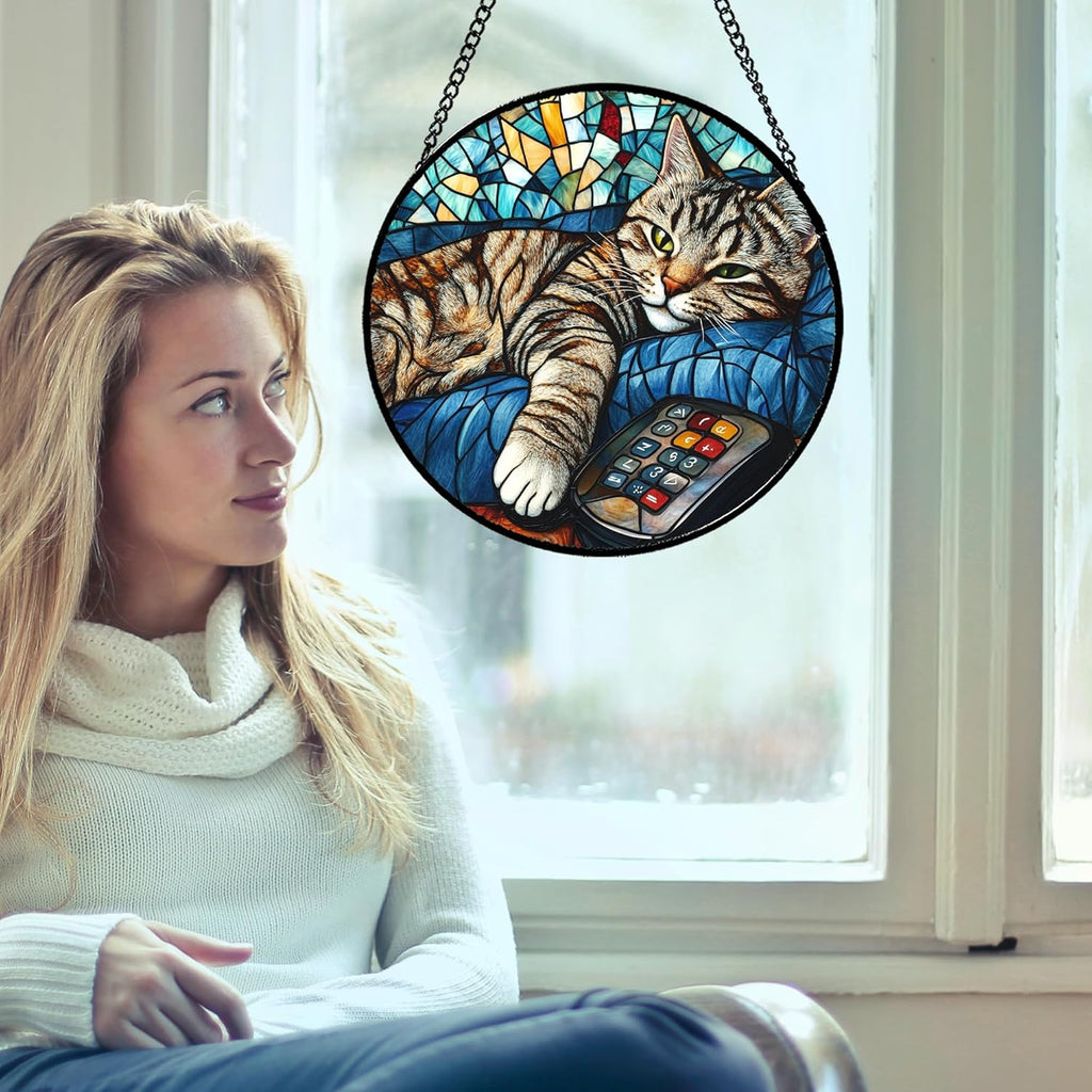 Stained Glass Window Hanging Gray Cat and Remote Control 9.8" - Suncatcher Door Garden Kitchen Sun Catcher Home Decor Birthday for Lost Pets Mom Men Woman Friend Grandma
