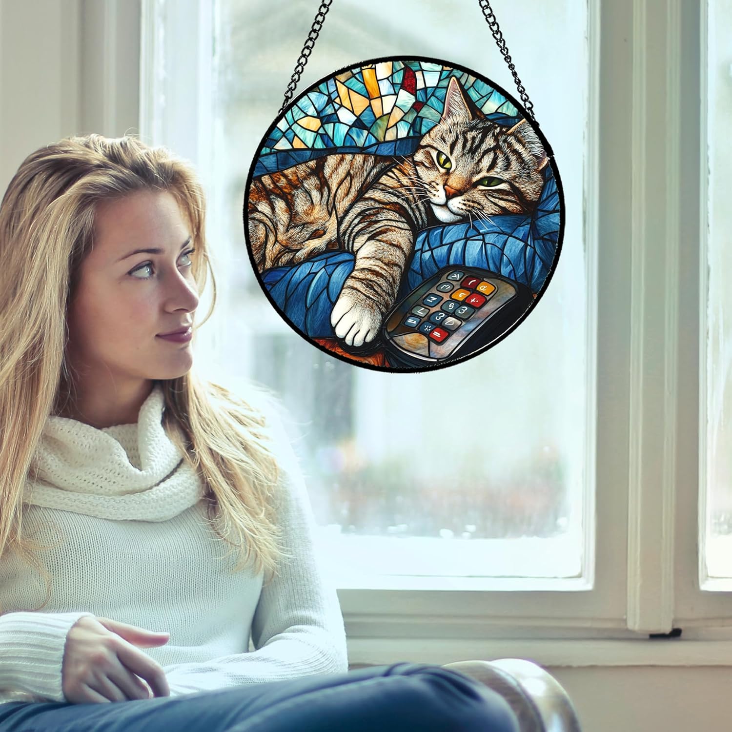 Stained Glass Window Hanging Gray Cat and Remote Control 9.8" - Suncatcher Door Garden Kitchen Sun Catcher Home Decor Birthday for Lost Pets Mom Men Woman Friend Grandma