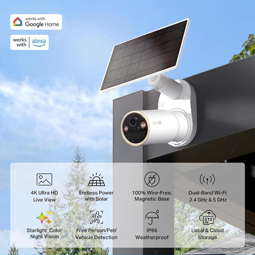 Tapo MagCam 4K Solar, 4K Ultra HD Outdoor Wireless Battery Camera w/Solar Panel – 24/7 Capture, Free Person/Vehicle Detection, Starlight Color Night Vision, Works w/Alexa & Google Assistant