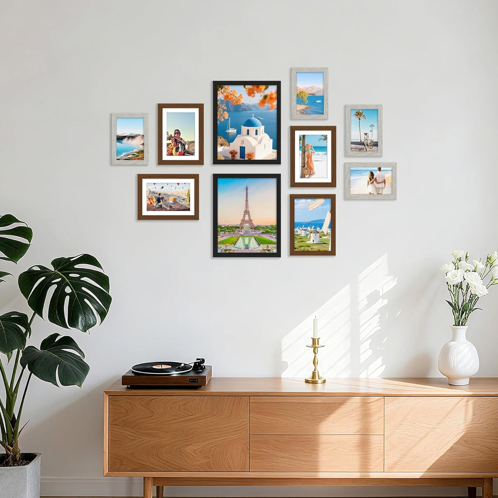 decorUhome Picture Frames Collage Wall Decor for Photo Gallery Display, Assorted Picture Frames set of 10 Including Two 8x10 / Four 5x7 / Four 4x6 for Family Wall Decor, Black/Brown/Grey, 10 Pack