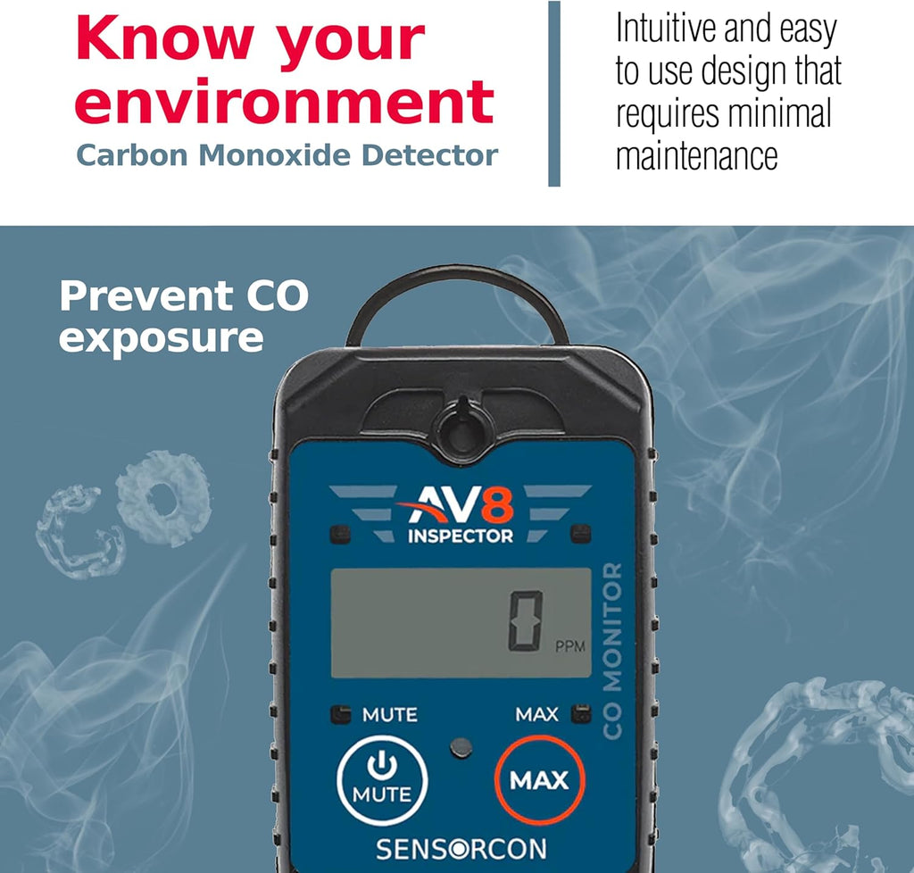 AV8 Inspector Portable Carbon Monoxide Detectors for Aviation – Professional-Grade Digital Carbon Monoxide Monitor with Visual and Audio Alarms