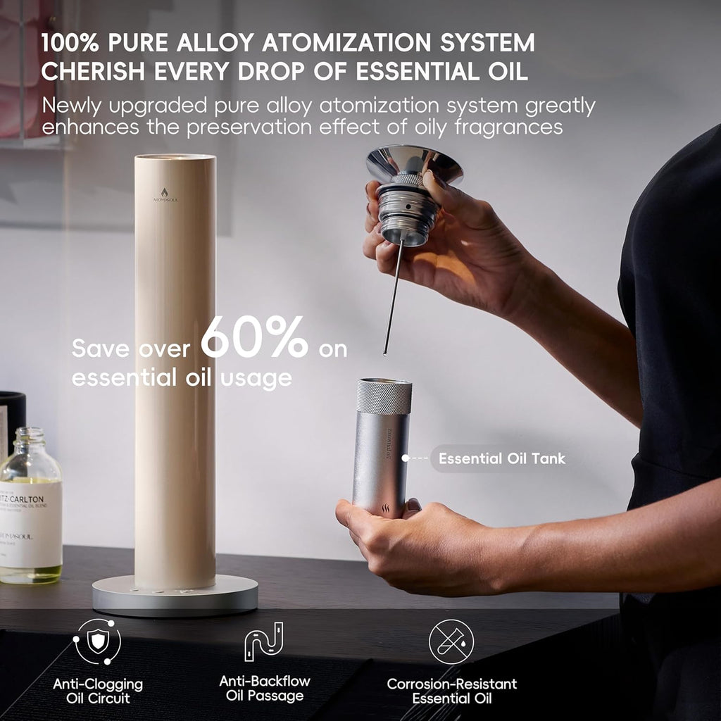 Waterless Scent Diffuser Starter Kit - Alloy Atomization System, Smart Rechargeable Hotel Scent Diffuser, 1500 Sq Ft Coverage, Including 120ml Essential Oil, for Home, Large Room, Spa, Cream