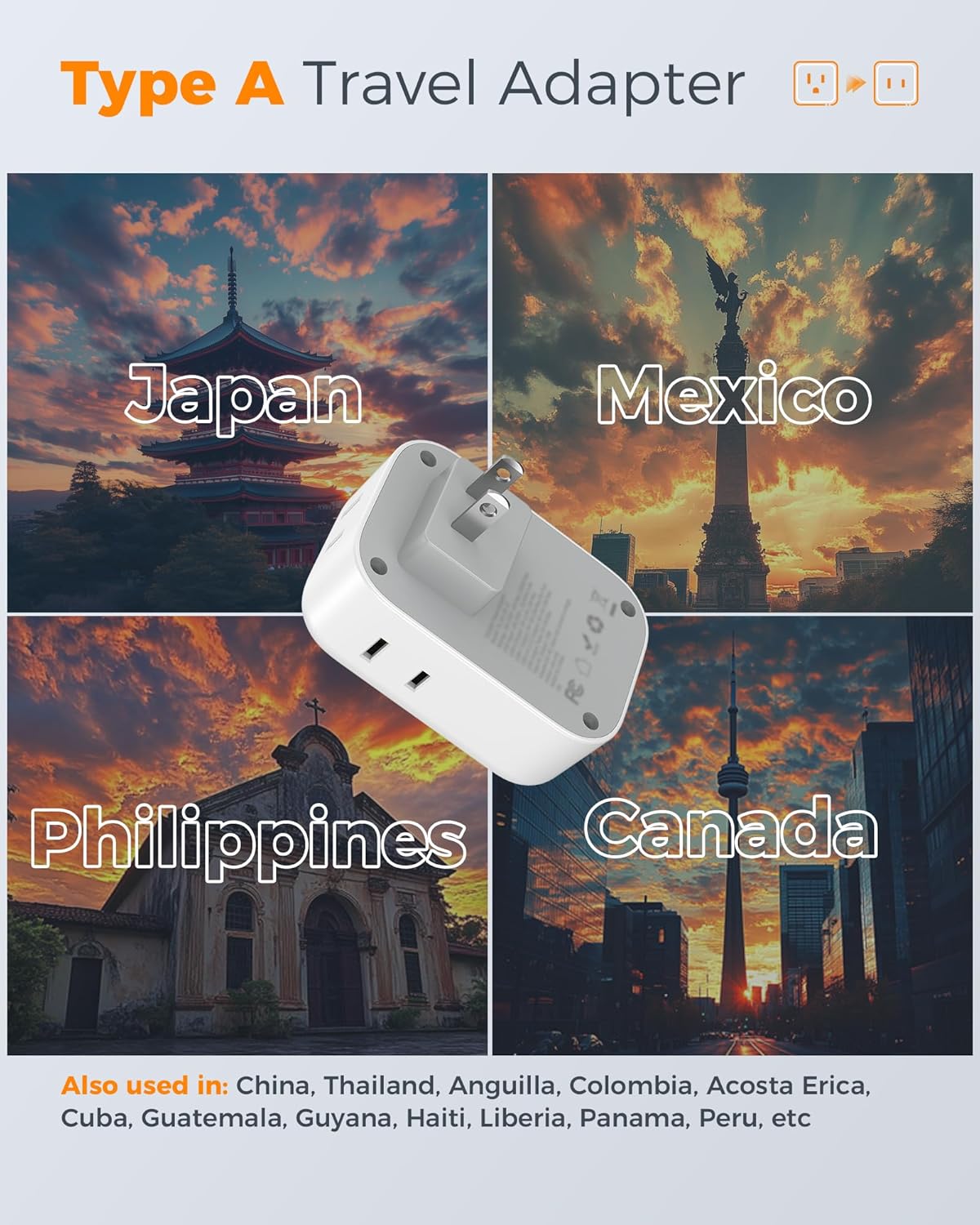 TESSAN 2 Prong to 3 Prong Outlet Adapter 2 Pack, US to Japan Plug Adapter with 4 Outlets 3 USB (1 USB-C), Outlet Adaptor US to Japan China Mexico Philippines Canada Peru Thailand Vietnam