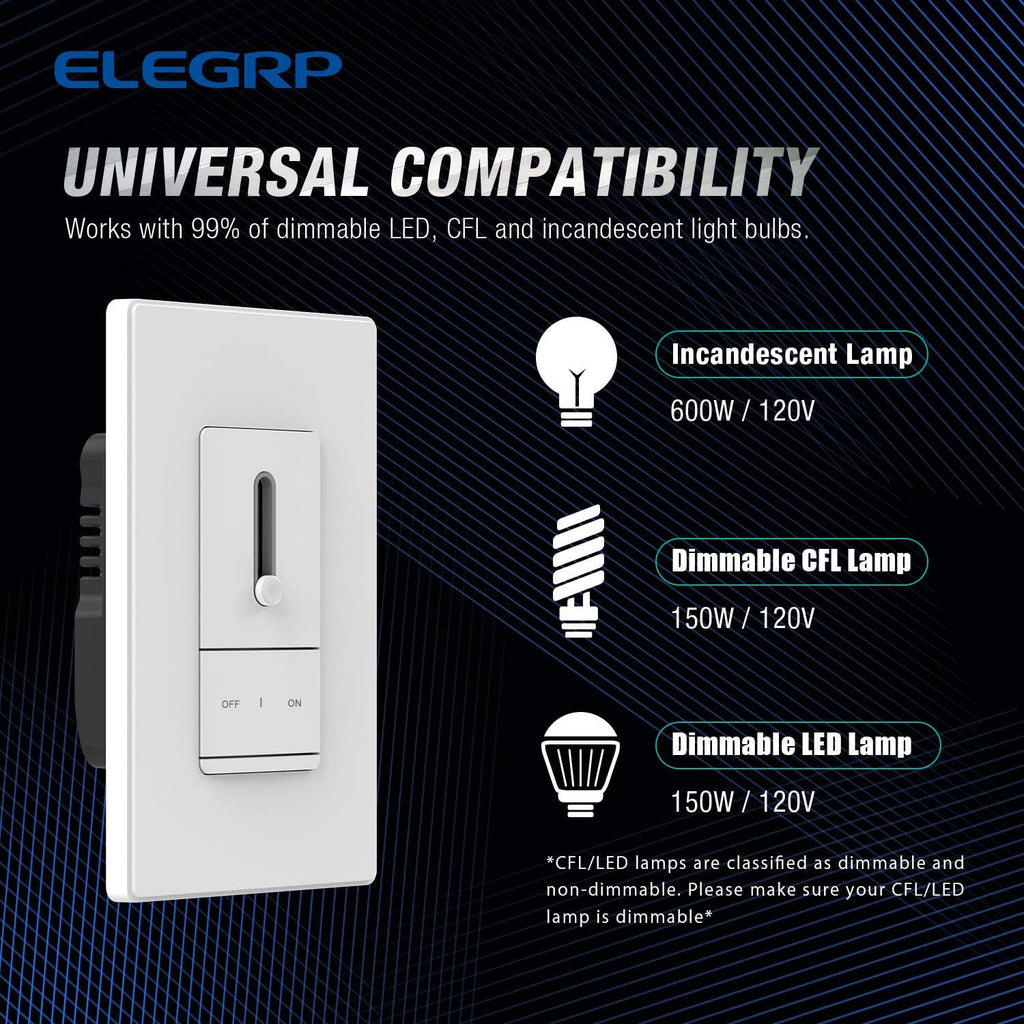 ELEGRP Slide Dimmer Switch for Dimmable LED, CFL and Incandescent Light Lamp Bulbs, Single Pole or 3-Way, Full Control with Preset, Rocker Paddle, Wall Plate Included, UL Listed (6 Pack, Matte White)