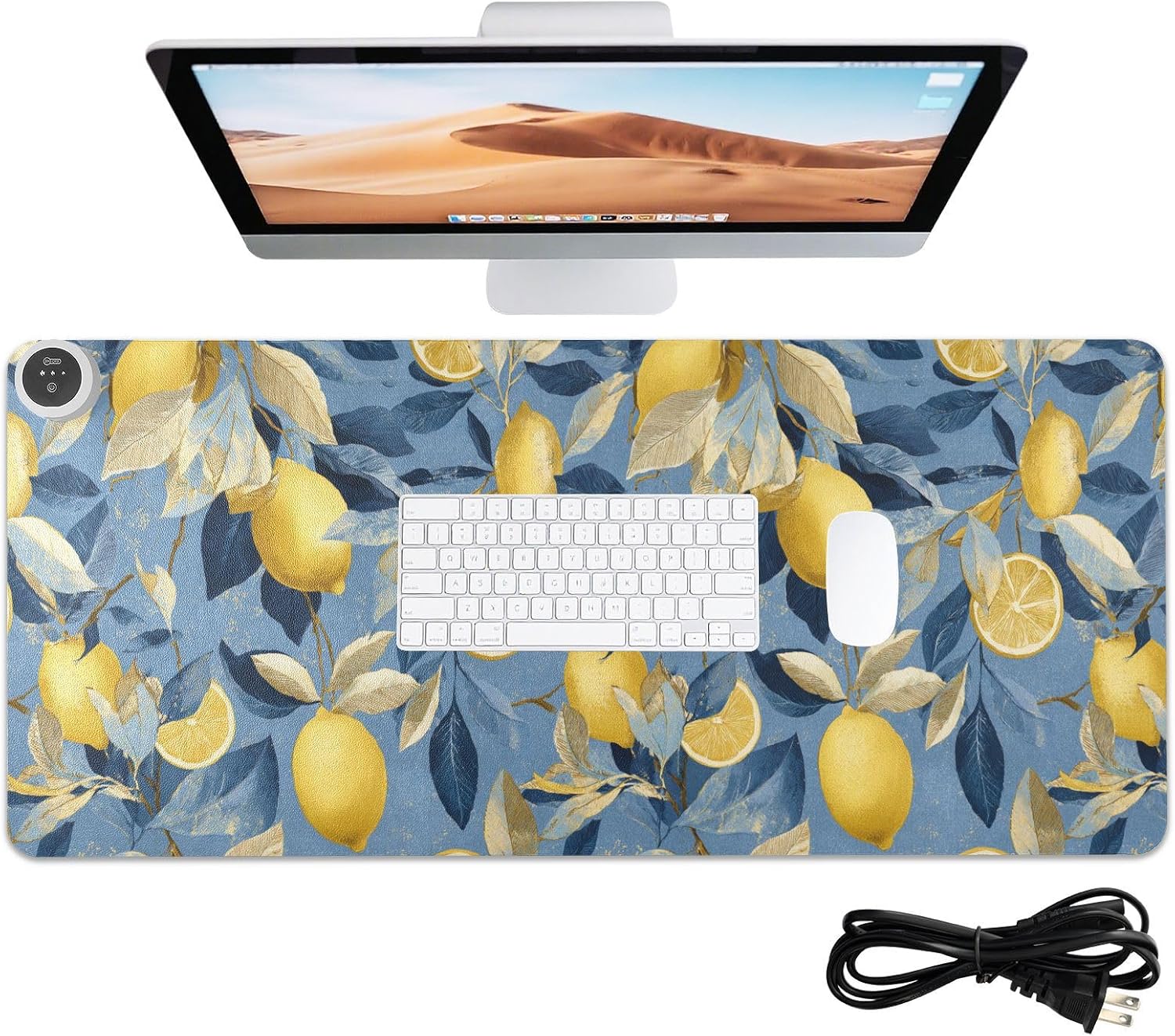 Heated Desk Pad Mouse Pad 31.5x13 Inch PU Leather Desk Mat with 3 Heat Levels Large Mouse Gaming Computer Laptop Mat Blue Lemon Leaves