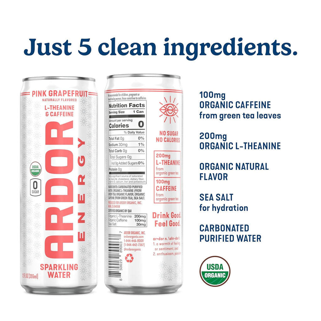 ARDOR ENERGY Sparkling Water with 100mg Natural Caffeine & 200mg L-Theanine from Organic Green Tea for Smooth Energy & Focus | Healthy Energy Drink | No Sugar, Zero Calories, Vegan, Gluten-Free | Pink Grapefruit (Pack of 12, 12oz cans)
