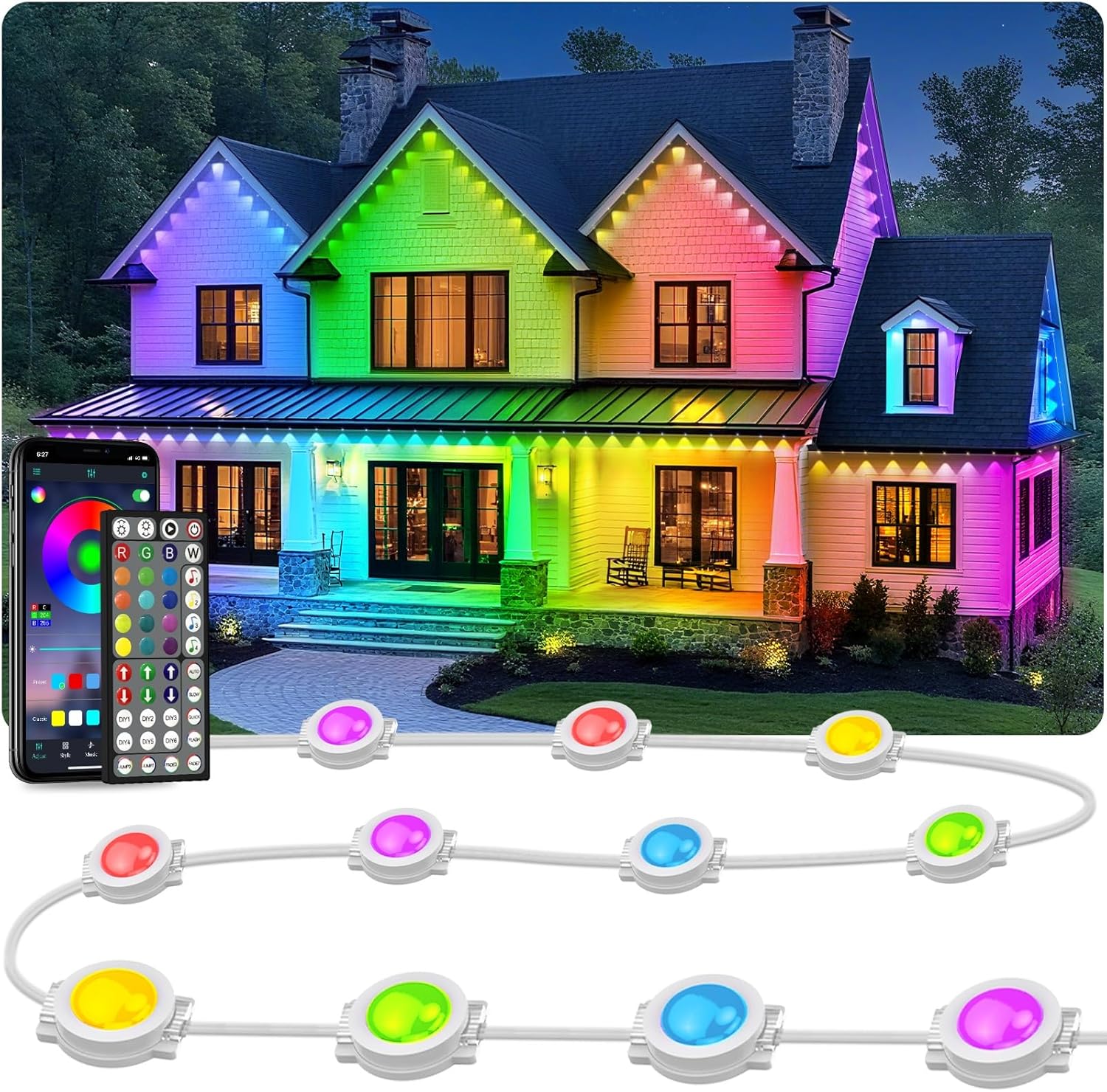 LITSOUL 100FT Permanent Outdoor Lights for House Waterproof, Smart RGB Eave LED Lighting with 16 Million Colors, IP67 Outdoor Strip Lights for Christmas Halloween Holiday Daily Decorations (100FT)