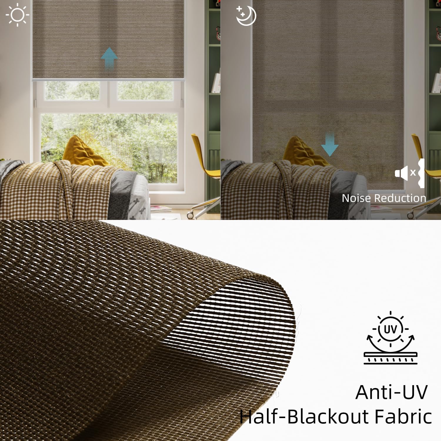 SmartWings Motorized Light Filtering Shades, Work with Matter Apple Homekit Z-Wave Alexa Google, 50% Blackout Transparent Smart Window Roller Shades with Remote Control Custom up 110"W X 138"H, Cocoa