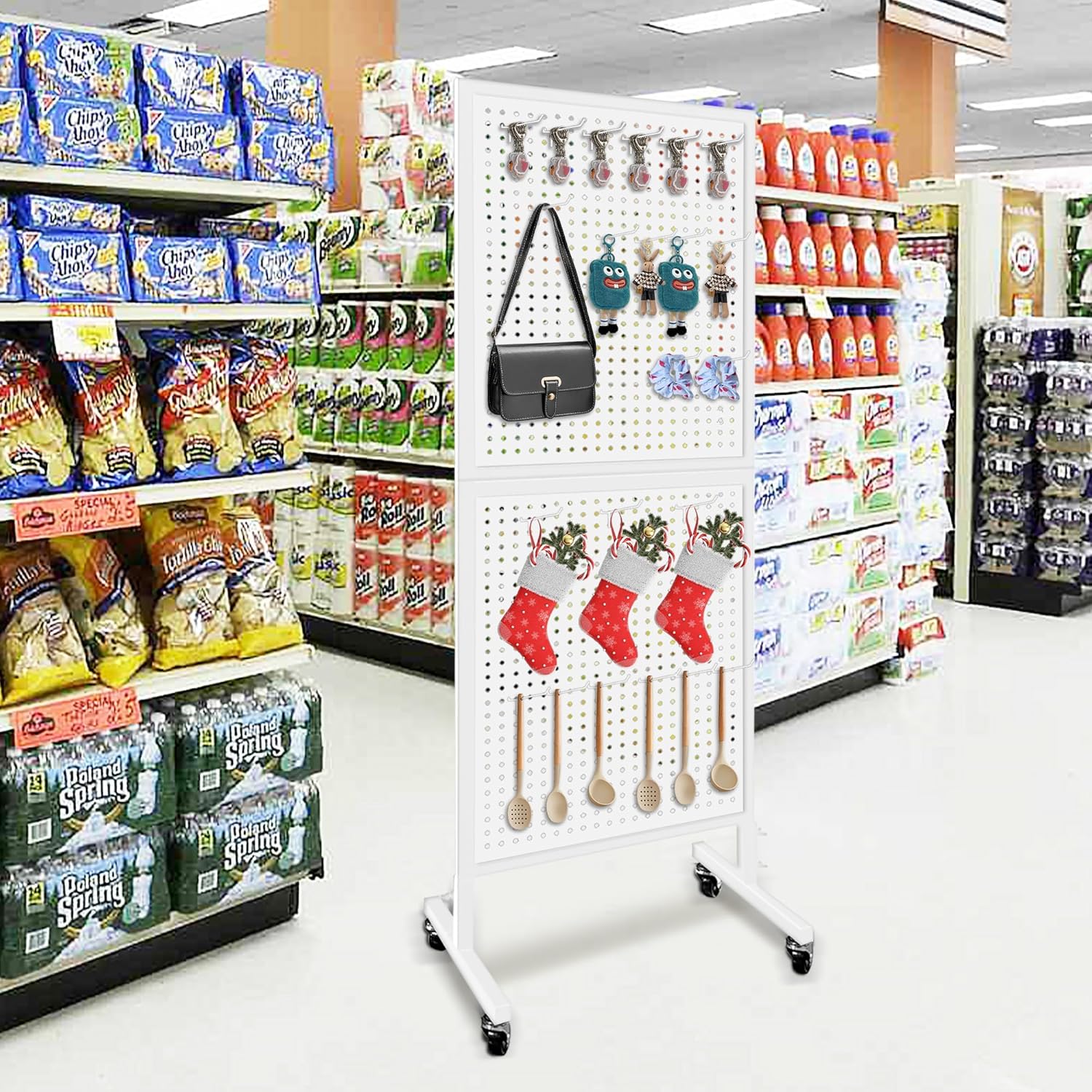 Royxen Metal Pegboard with 30 Hooks and Wheels,2 x 5.5 Feet Pegboard Display Rack, Standing Pegboard Display for Home and Store, White