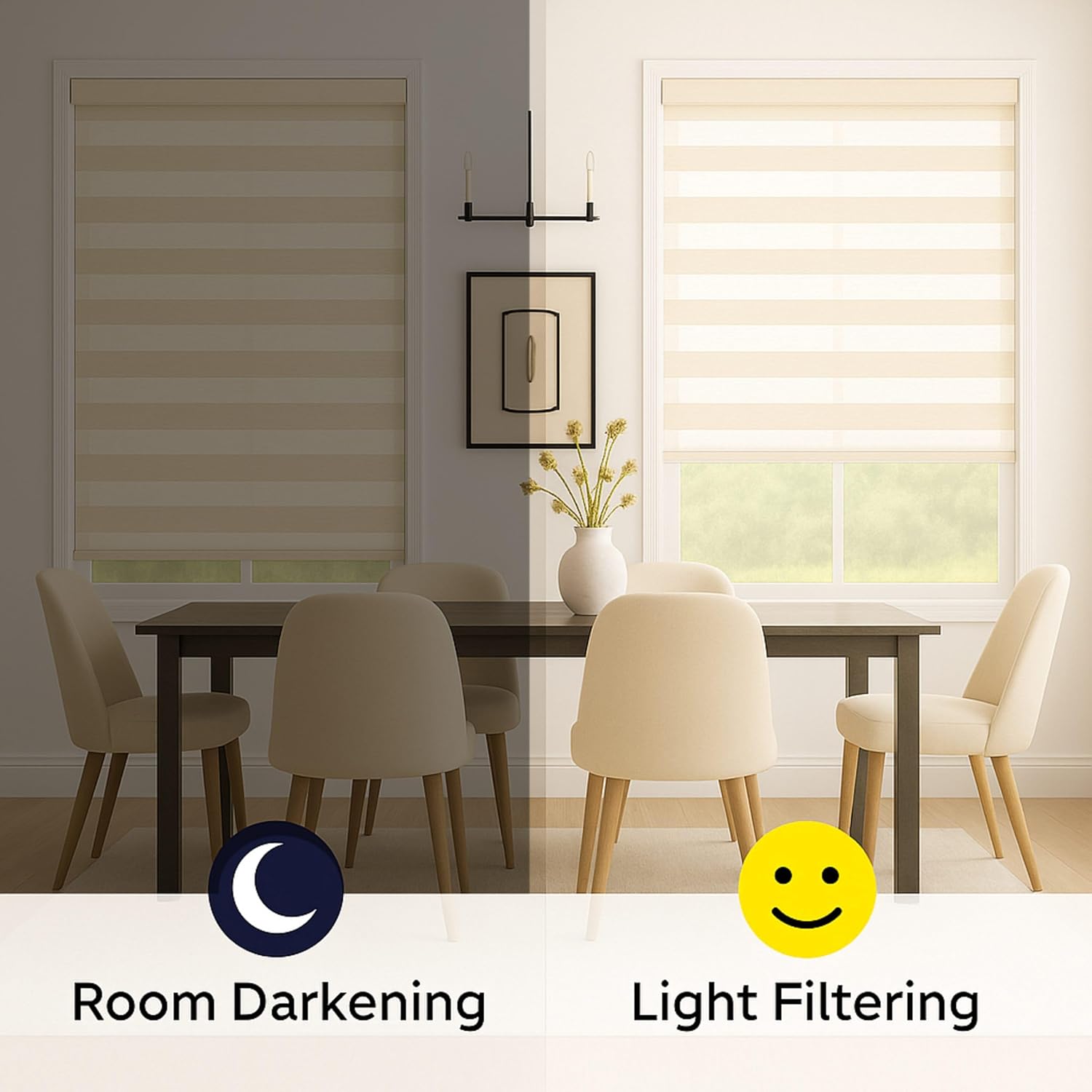 ShadesU Cordless Zebra Blinds for Windows, 65" W x 72" H, Cream, Dual Layer Free-Stop Zebra Shades, Light Control for Day and Night, Sheer Blinds for Indoor Windows, Bedroom, Kitchen