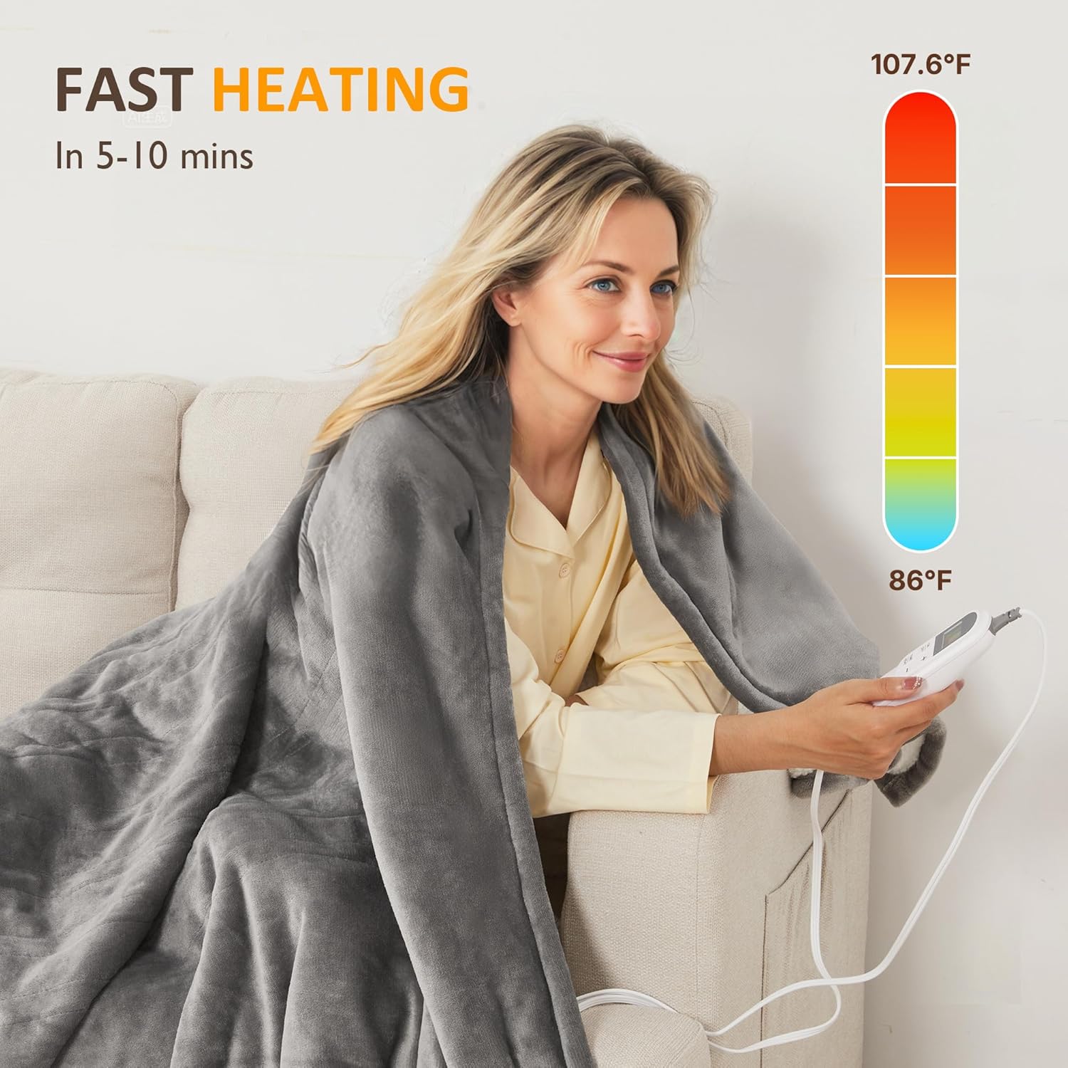 SUNVIVI Heated Blanket Queen Size, Electric Throw Dual Control, 5 Years Warranty, 10 Heat Settings, 12 Hours Auto Off, Soft Flannel and Sherpa, Machine Washable, ETL Certified,Grey