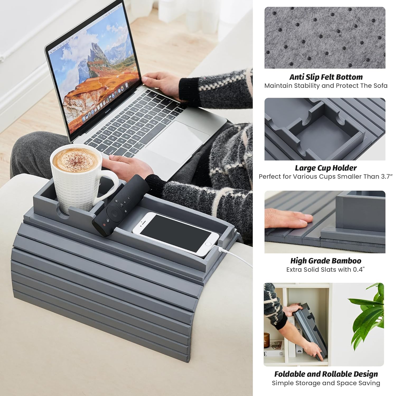 GEHE Detachable Couch Cup Holder, Anti Falling Sofa Arm Tray, Natural Bamboo Sofa Cup Holder More Safe for You Family, Portable Couch Arm Tray Armrest Table for Remote, Snacks, Phone, Drinks