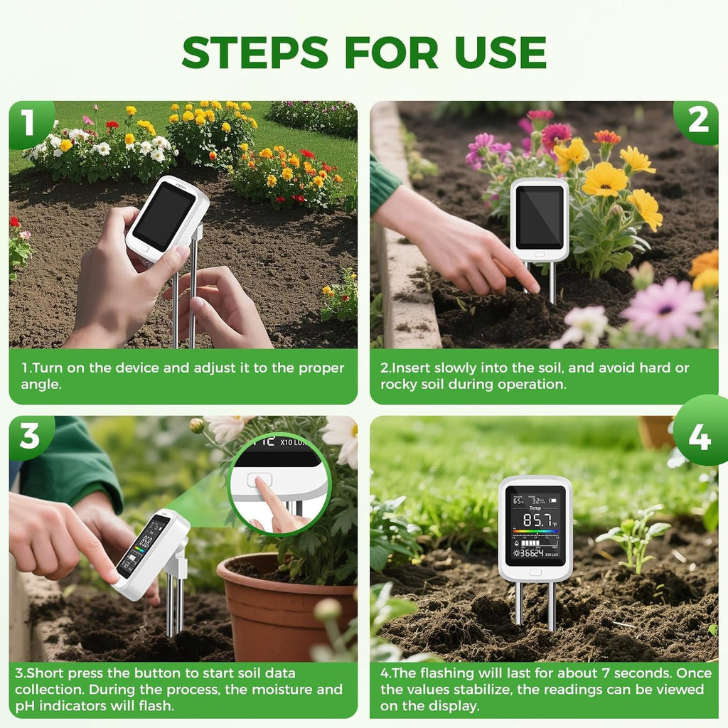 6-in-1 Soil Test Kit for Gardening Deals, Digital pH Meter/Temperature/Sunlight/Fertility/Environmental| Factory-Permanent Calibration