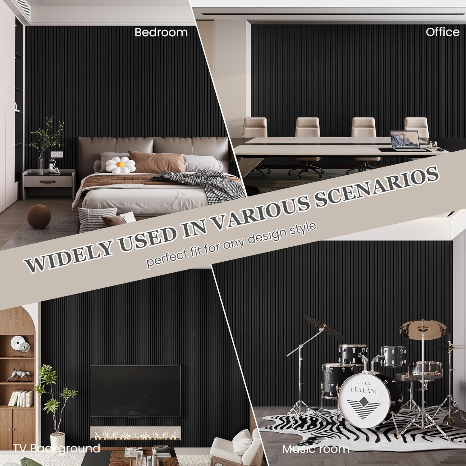 Wood Salt Acoustic Wall Panels, 2 Piece 94" x 23.6" x 0.8" Soundproof Wooden Wall Panels, 3D Fluted Sound Absorbing Panel, Matte Black