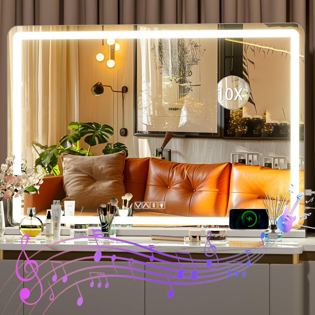 Hasipu Vanity Mirror with Lights and Bluetooth Speaker, 37.4" x 25.6" LED Makeup Mirror, Lighted Makeup Mirror with Dimmable 3 Modes, Touch Screen Control Vanity Mirror Round White