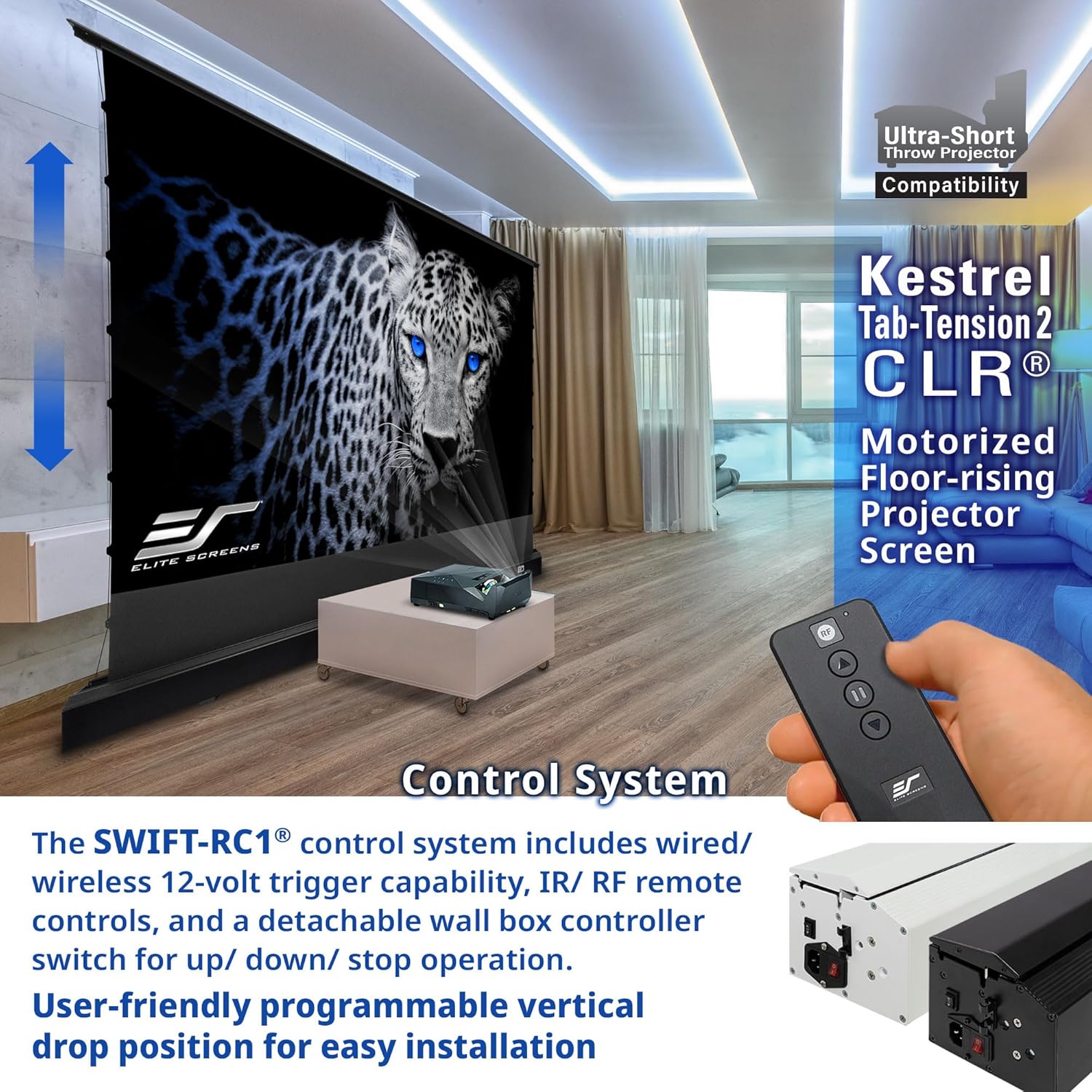 Elite Screens Kestrel Tab-Tension CLR, 101 inch 16:9, Ultra-Short Throw Ceiling Ambient Light Rejecting ALR Electric UST Floor-Rising Projection Motorized Front Projector Screen, FTE101UH3-CLR, Black