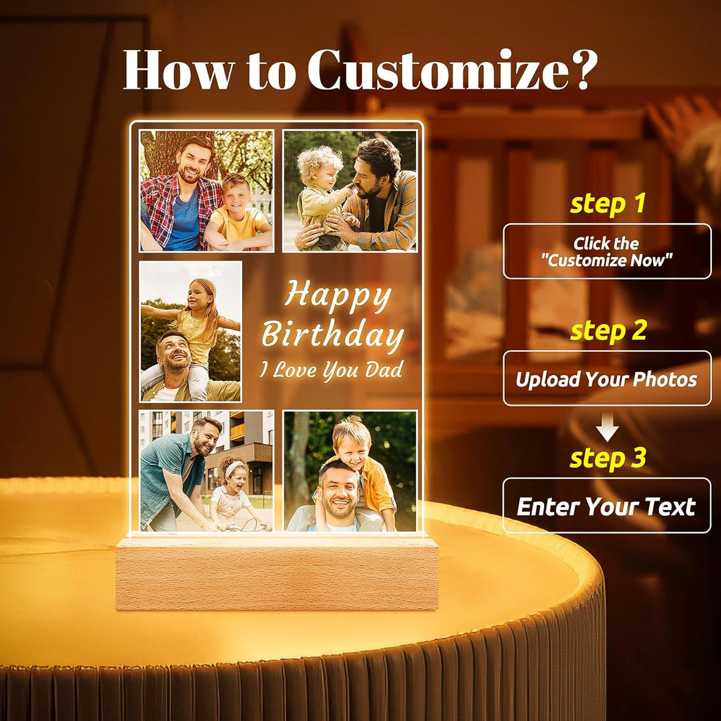 Personalized Birthday Gifts for Dad from Daughter Son, Custom Picture Frames with Night Light, Customized Photo Frame with Photos, Personalized Gifts for Dad, Baby, Kids, Family