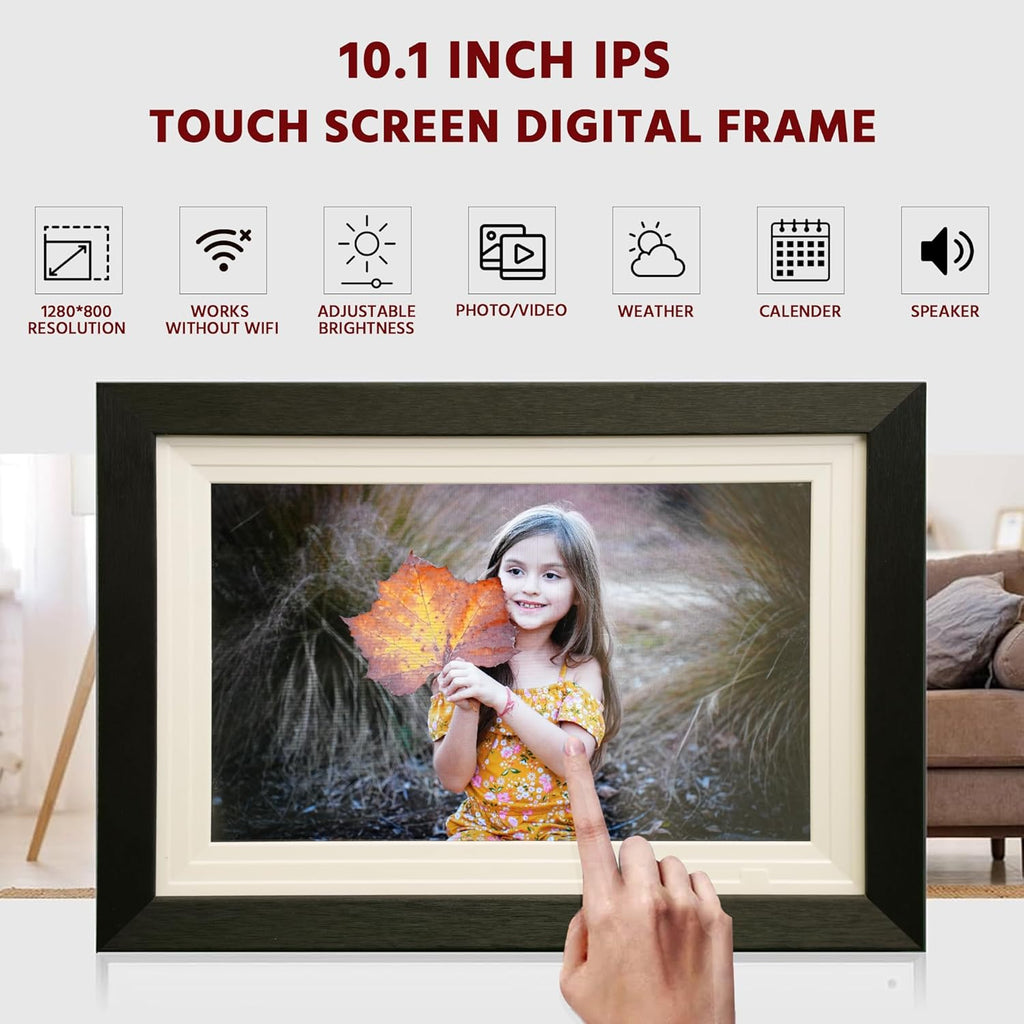 10.1” Frameo WiFi Smart Digital Photo Frame, 32GB with HD IPS Touchscreen, Auto-Rotate, Easy Photo & Video Sharing via Frameo App, Wall Mountable Electronic Gift for Family & Grandparents